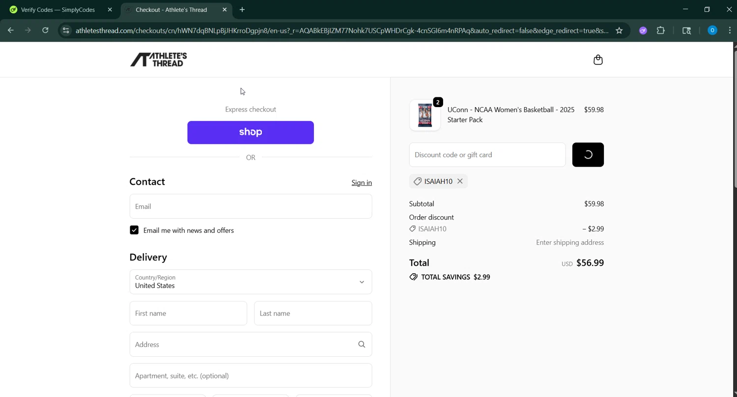 Athlete's Thread discount code screenshot showing code ISAIAH10 applied at Athlete's Thread checkout page. Uploaded by SimplyCodes community member GoldChaser6627 on Jan 15, 2026