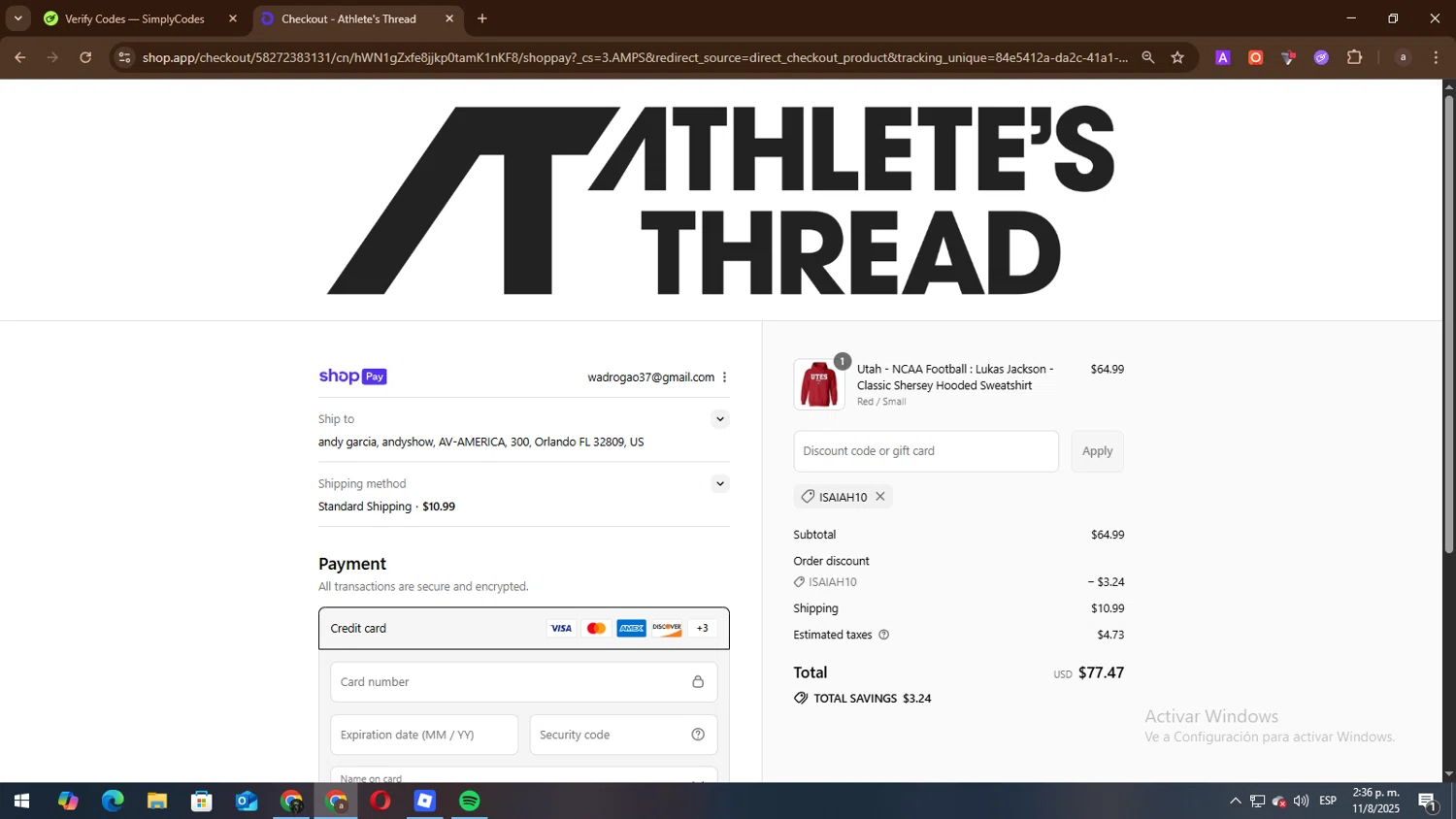 Athlete's Thread discount code screenshot showing code ISAIAH10 applied at Athlete's Thread checkout page. Uploaded by SimplyCodes community member lisandro on Aug 11, 2025