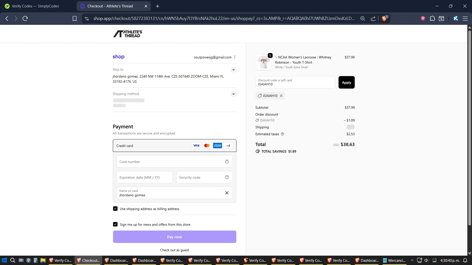 Athlete's Thread discount code screenshot showing code ISAIAH10 applied at Athlete's Thread checkout page. Uploaded by SimplyCodes community member verifier_983798000 on Nov 22, 2025