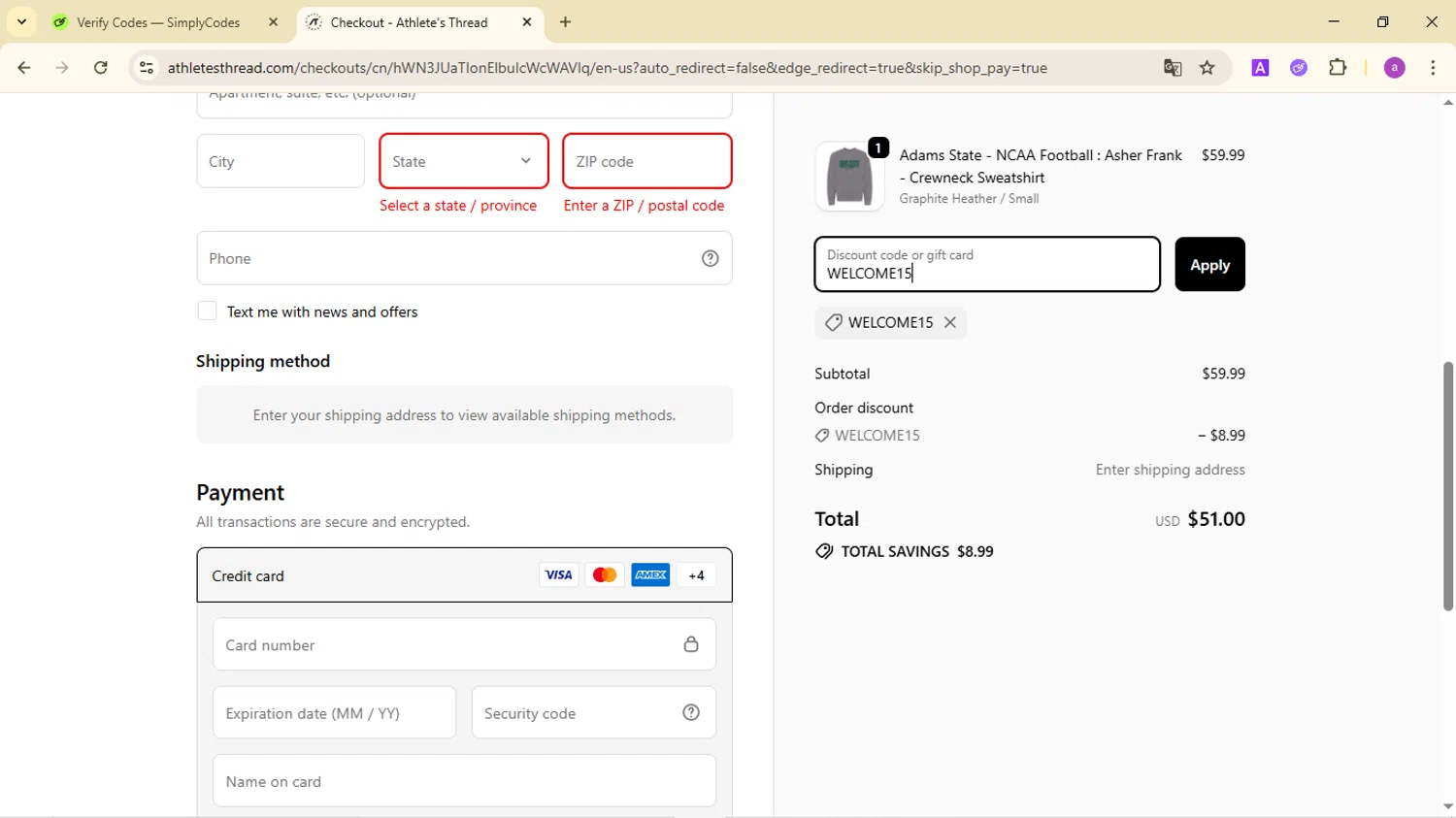 Athlete's Thread discount code screenshot showing code WELCOME15 applied at Athlete's Thread checkout page. Uploaded by SimplyCodes community member CodeMaverick246 on Sep 23, 2025