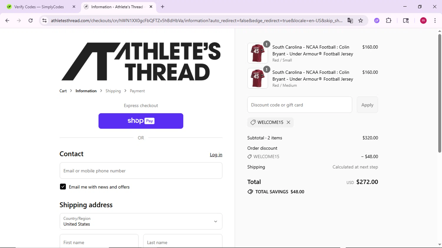 Athlete's Thread discount code screenshot showing code WELCOME15 applied at Athlete's Thread checkout page. Uploaded by SimplyCodes community member PrimeSage7080 on Aug 7, 2025