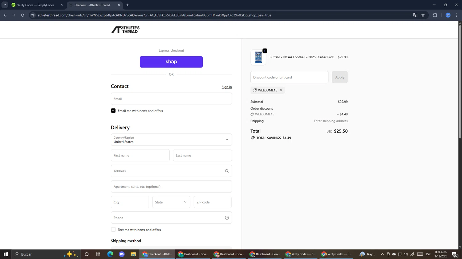 Athlete's Thread discount code screenshot showing code WELCOME15 applied at Athlete's Thread checkout page. Uploaded by SimplyCodes community member RoyalExpert3857 on Dec 3, 2025