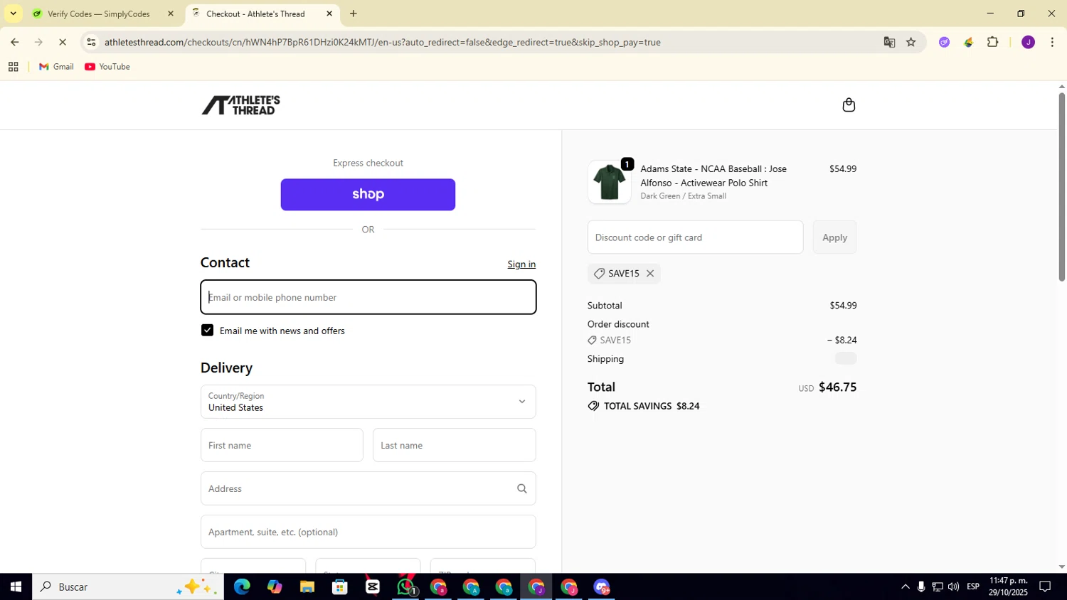 Athlete's Thread discount code screenshot showing code SAVE15 applied at Athlete's Thread checkout page. Uploaded by SimplyCodes community member EpicSentinel2965 on Oct 30, 2025