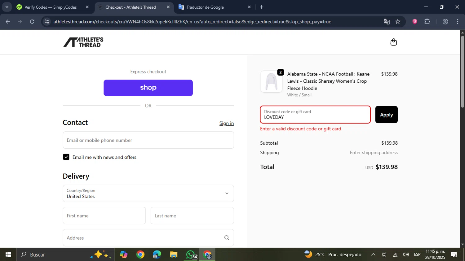 Athlete's Thread discount code screenshot showing code SAVE15 applied at Athlete's Thread checkout page. Uploaded by SimplyCodes community member GloriousDefender7889 on Oct 30, 2025
