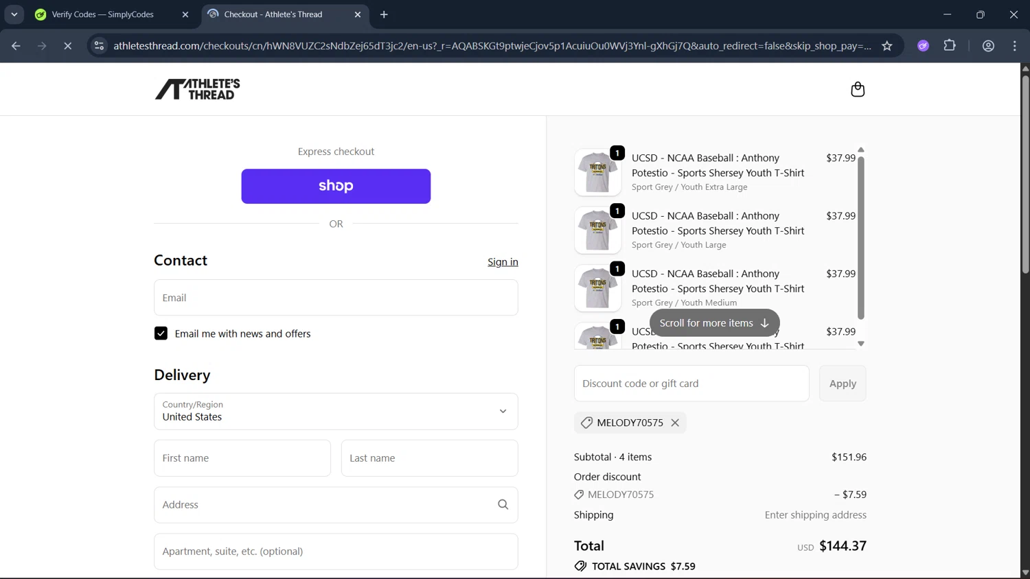 Athlete's Thread checkout page showing Athlete's Thread discount code box | Screenshot taken by SimplyCodes community member on Feb 7, 2026