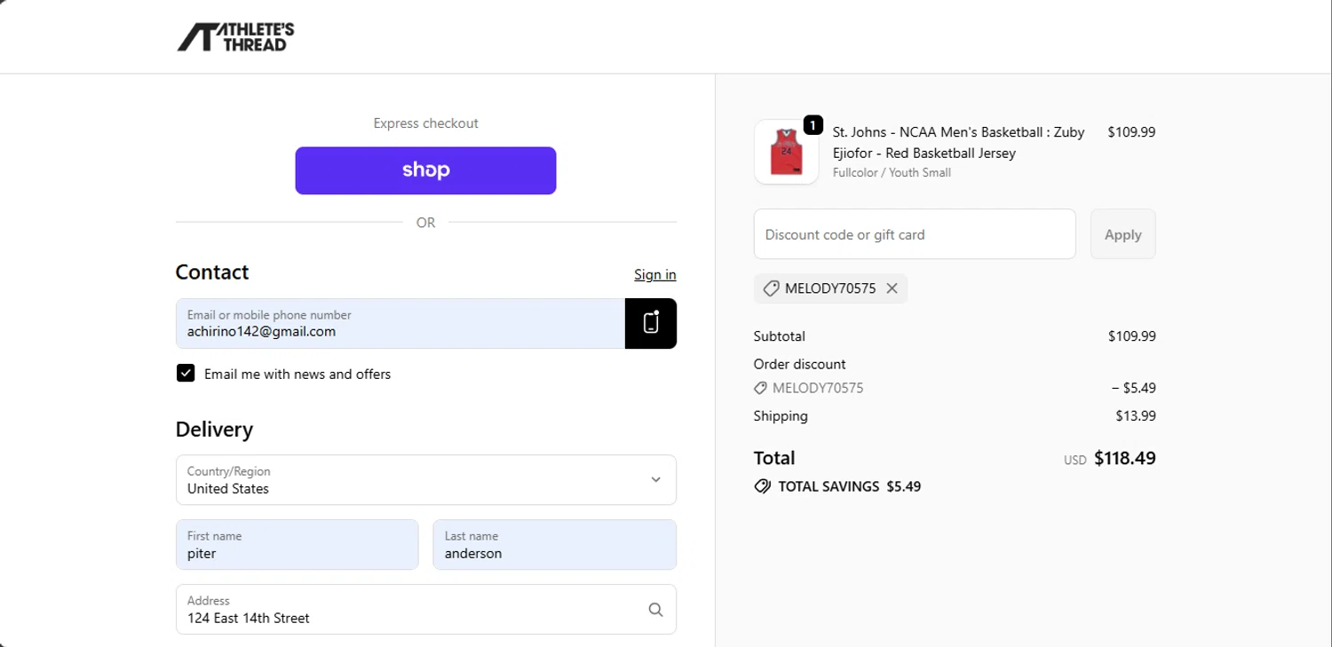 Athlete's Thread discount code screenshot showing code MELODY70575 applied at Athlete's Thread checkout page. Uploaded by SimplyCodes community member jupitera on Oct 22, 2025