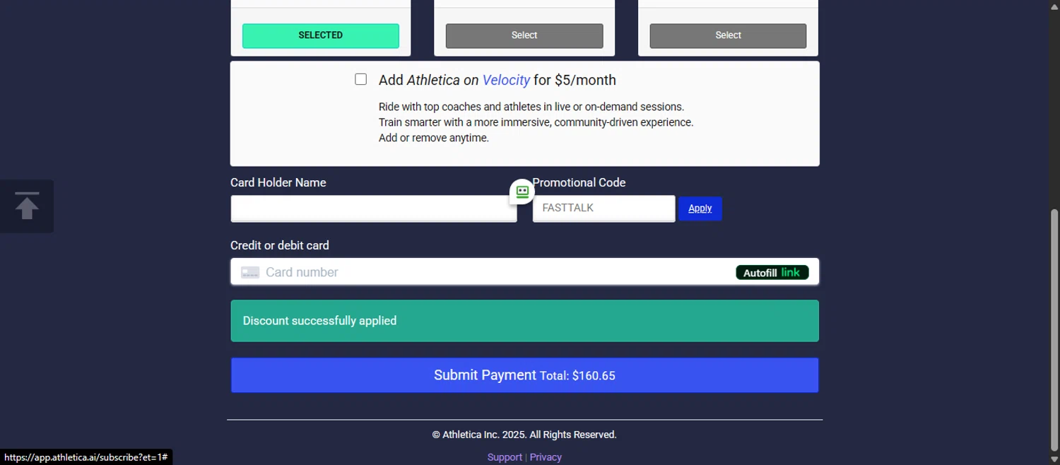 Athletica discount code screenshot showing code FASTTALK applied at Athletica checkout page. Uploaded by SimplyCodes community member 111111 on Nov 26, 2025