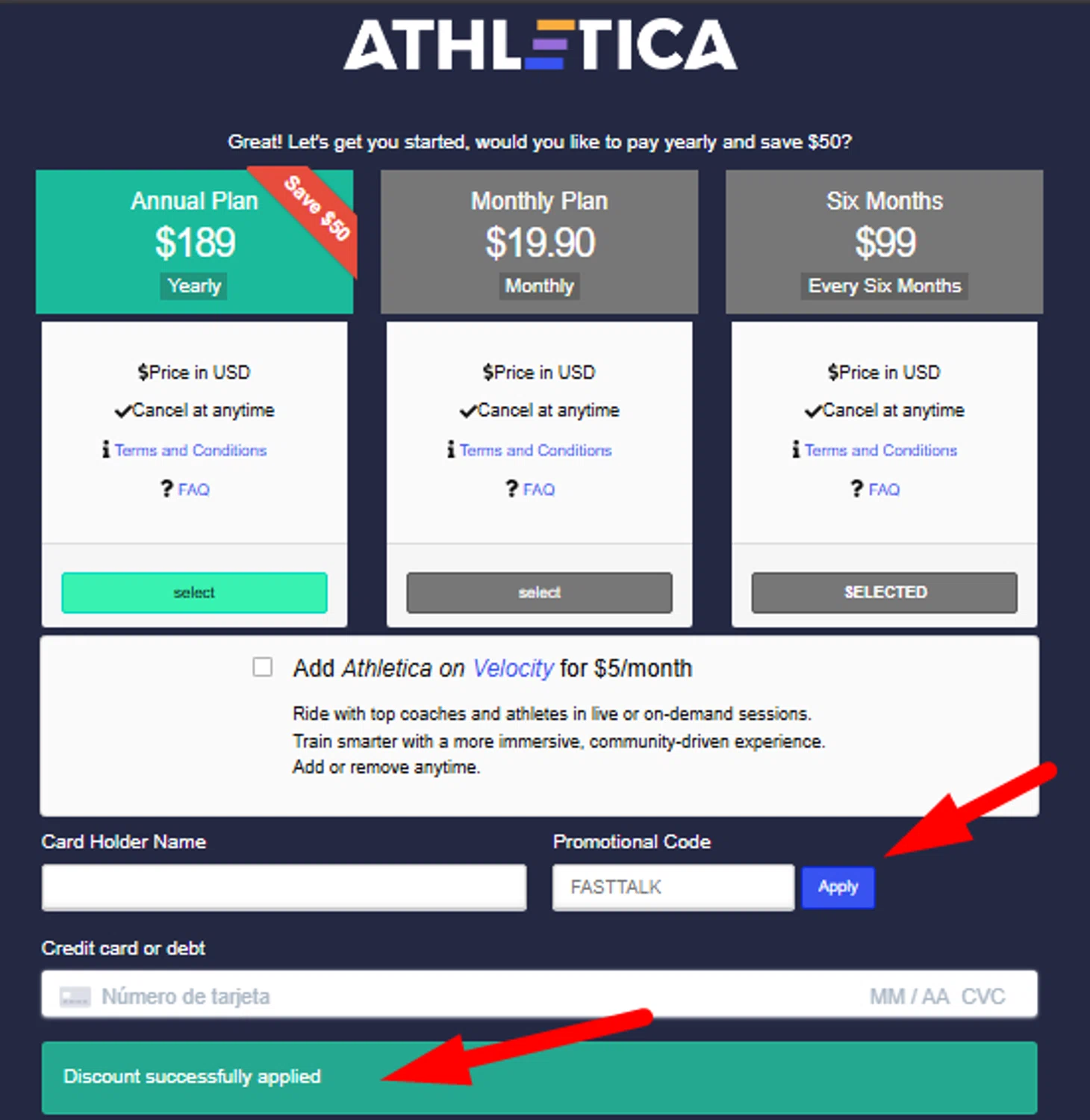 Athletica discount code screenshot showing code FASTTALK applied at Athletica checkout page. Uploaded by SimplyCodes community member Myrulesmagazine23 on Nov 26, 2025