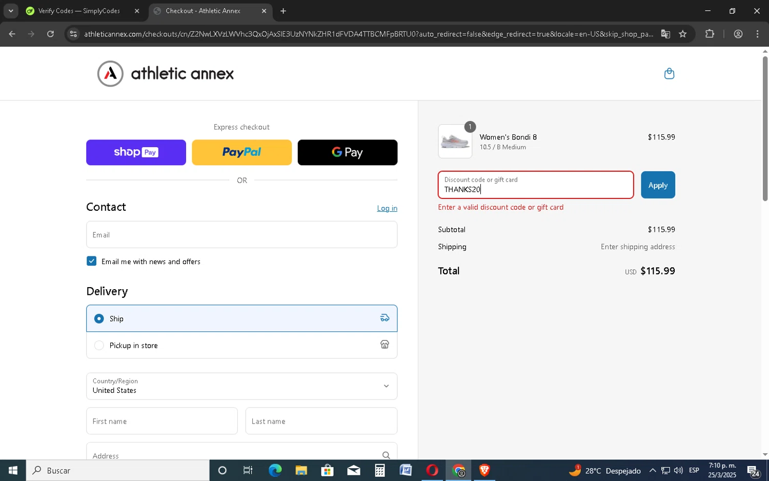 Athletic Annex discount code screenshot showing code THANKS20 applied at Athletic Annex checkout page. Uploaded by SimplyCodes community member BudgetMonarch8952 on Mar 25, 2025
