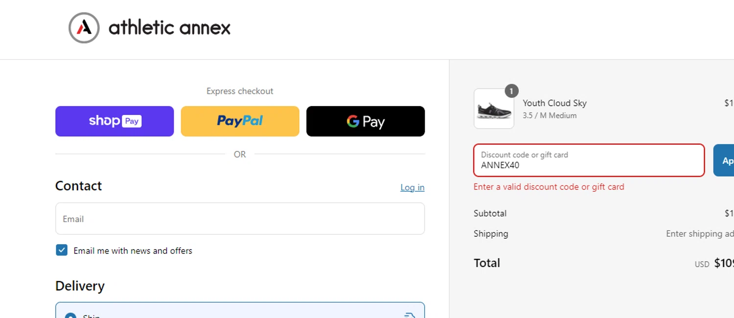 Athletic Annex discount code screenshot showing code ANNEX40 applied at Athletic Annex checkout page. Uploaded by SimplyCodes community member AGUILA57 on May 21, 2025