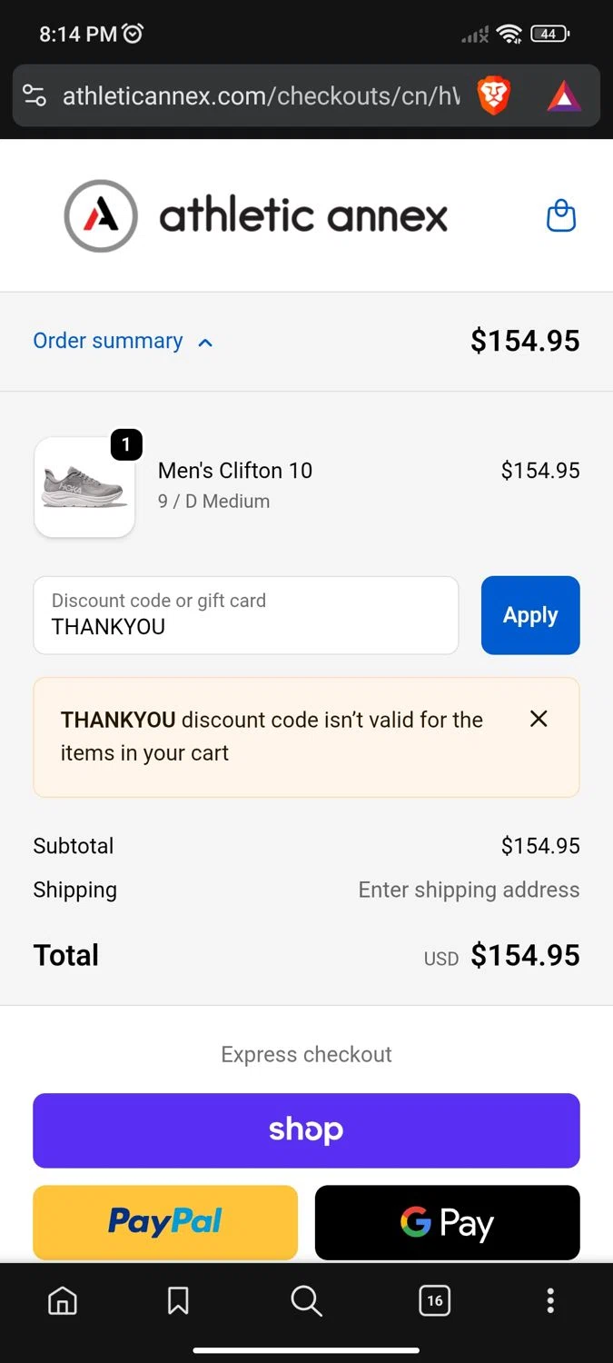 Athletic Annex discount code screenshot showing code THANKYOU applied at Athletic Annex checkout page. Uploaded by SimplyCodes community member bebitafiufuiuww on Nov 1, 2025