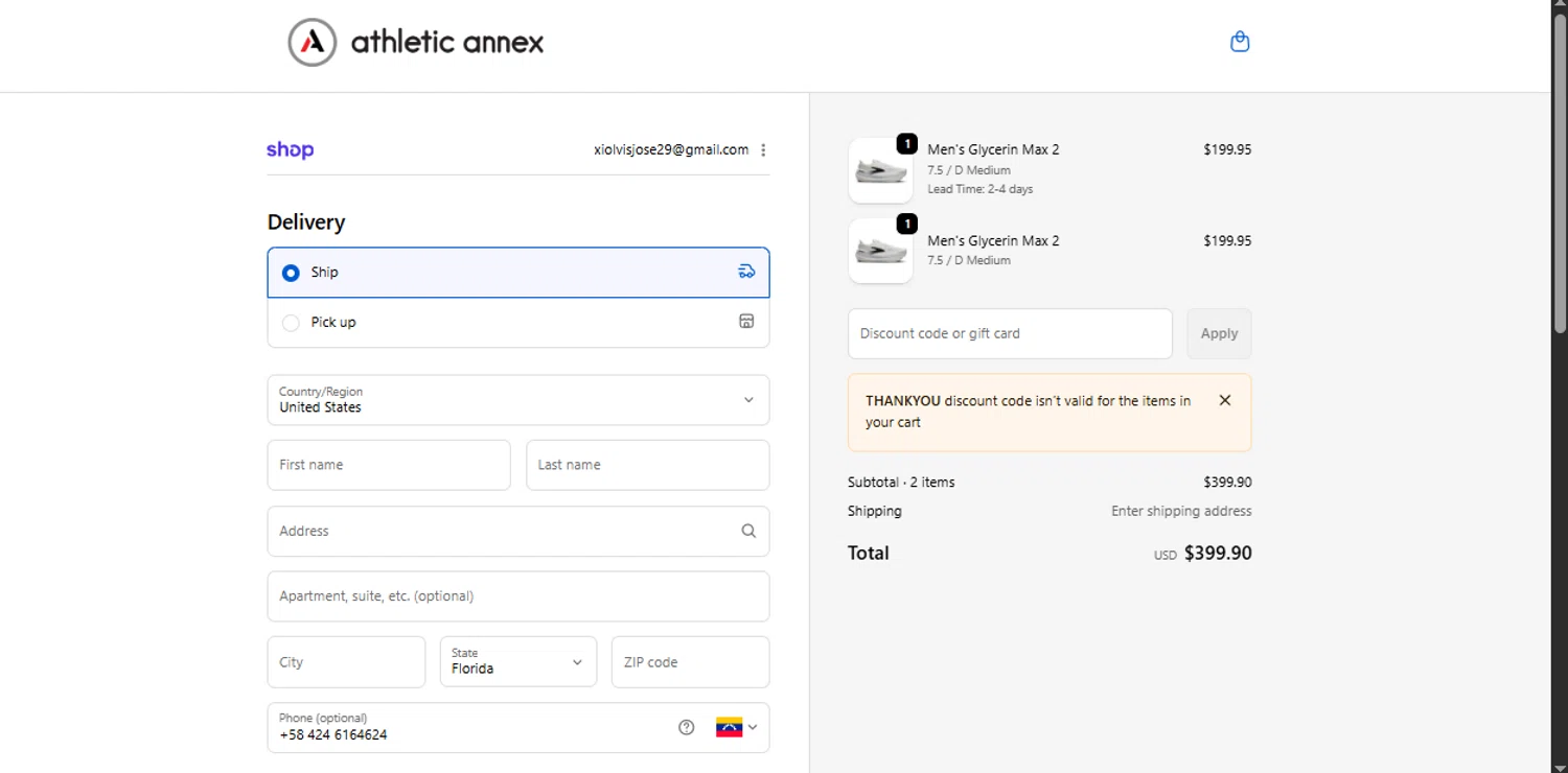 Athletic Annex discount code screenshot showing code THANKYOU applied at Athletic Annex checkout page. Uploaded by SimplyCodes community member Xiooh29 on Dec 22, 2025