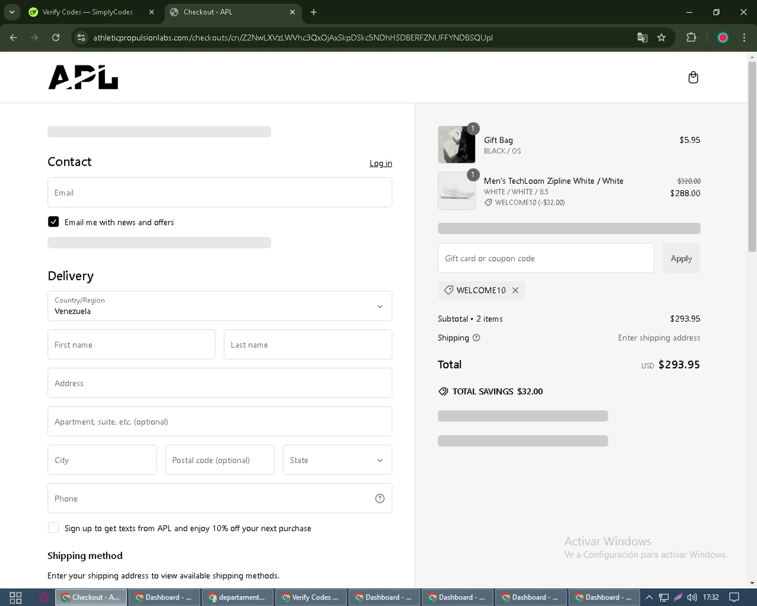 Athletic Propulsion Labs promo code screenshot showing code WELCOME10 applied at Athletic Propulsion Labs checkout page. Uploaded by SimplyCodes community member David_Garcia on Jan 24, 2025