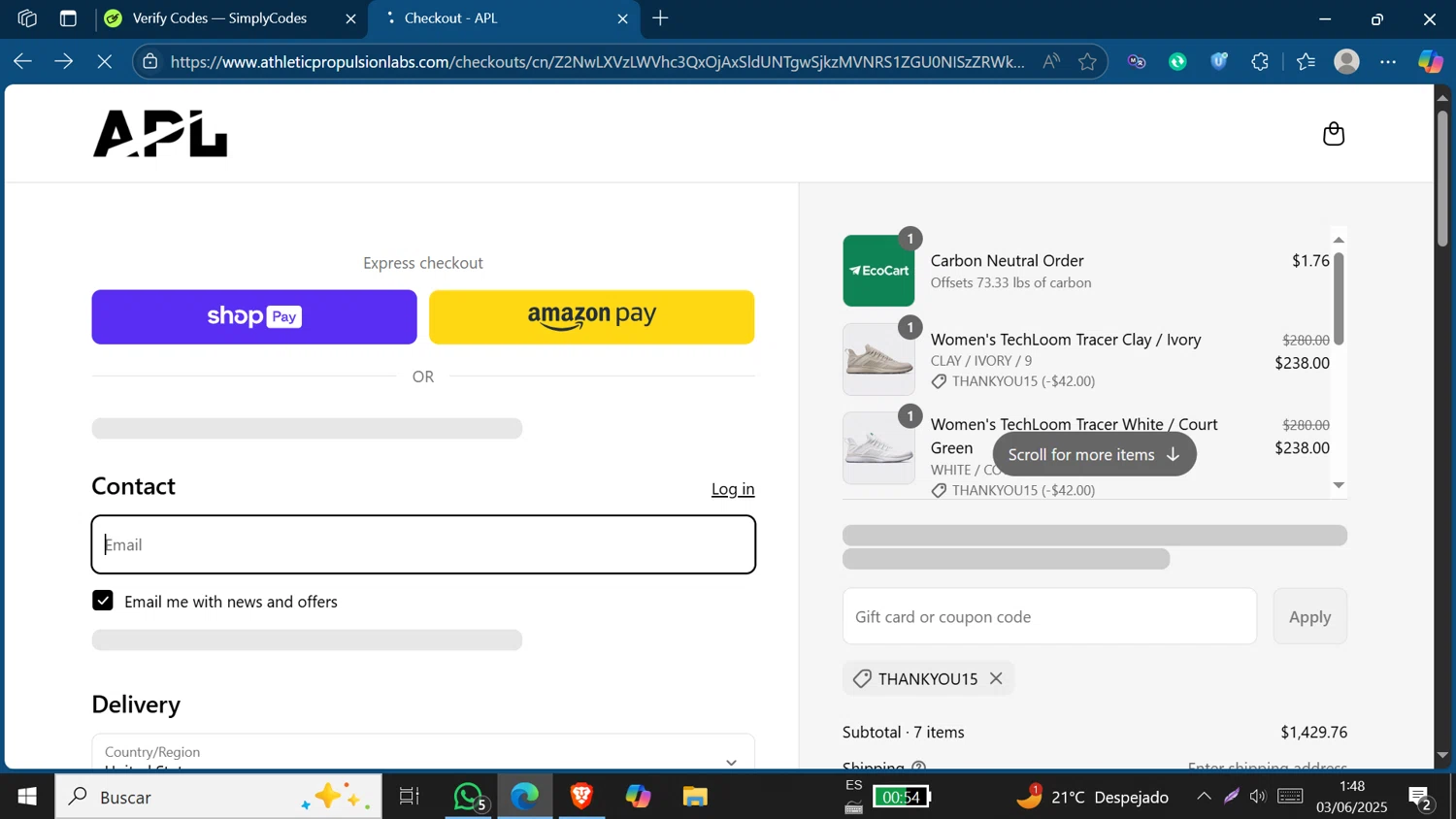 Athletic Propulsion Labs promo code screenshot showing code THANKYOU15 applied at Athletic Propulsion Labs checkout page. Uploaded by SimplyCodes community member Jeffersontorrealba on Jun 3, 2025