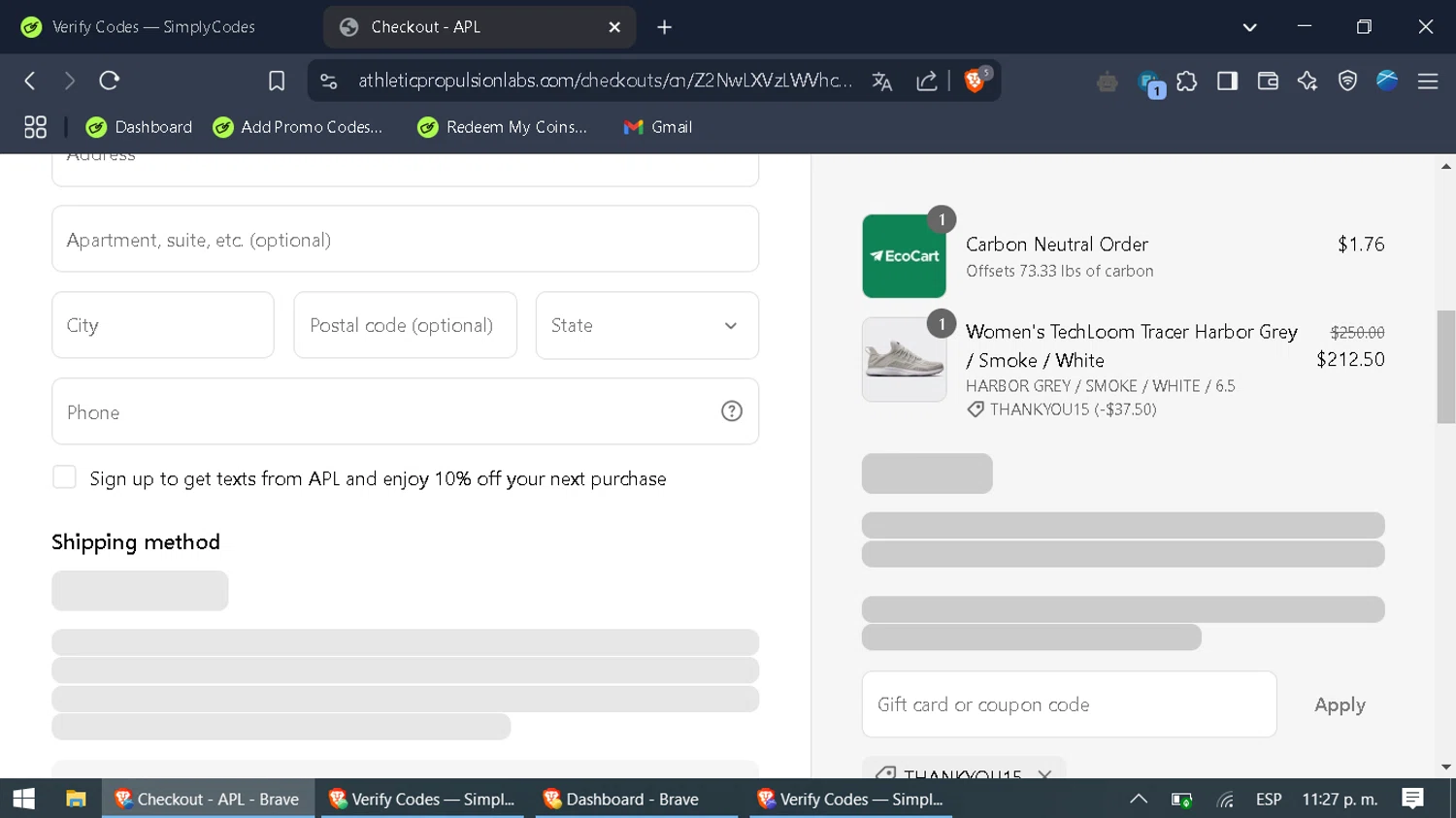 Athletic Propulsion Labs promo code screenshot showing code THANKYOU15 applied at Athletic Propulsion Labs checkout page. Uploaded by SimplyCodes community member BargainLegend6587 on Mar 6, 2025