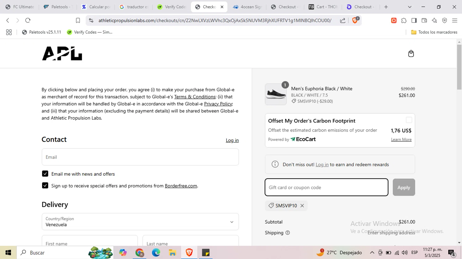 Athletic Propulsion Labs promo code screenshot showing code SMSVIP10 applied at Athletic Propulsion Labs checkout page. Uploaded by SimplyCodes community member MangoFC on Mar 6, 2025