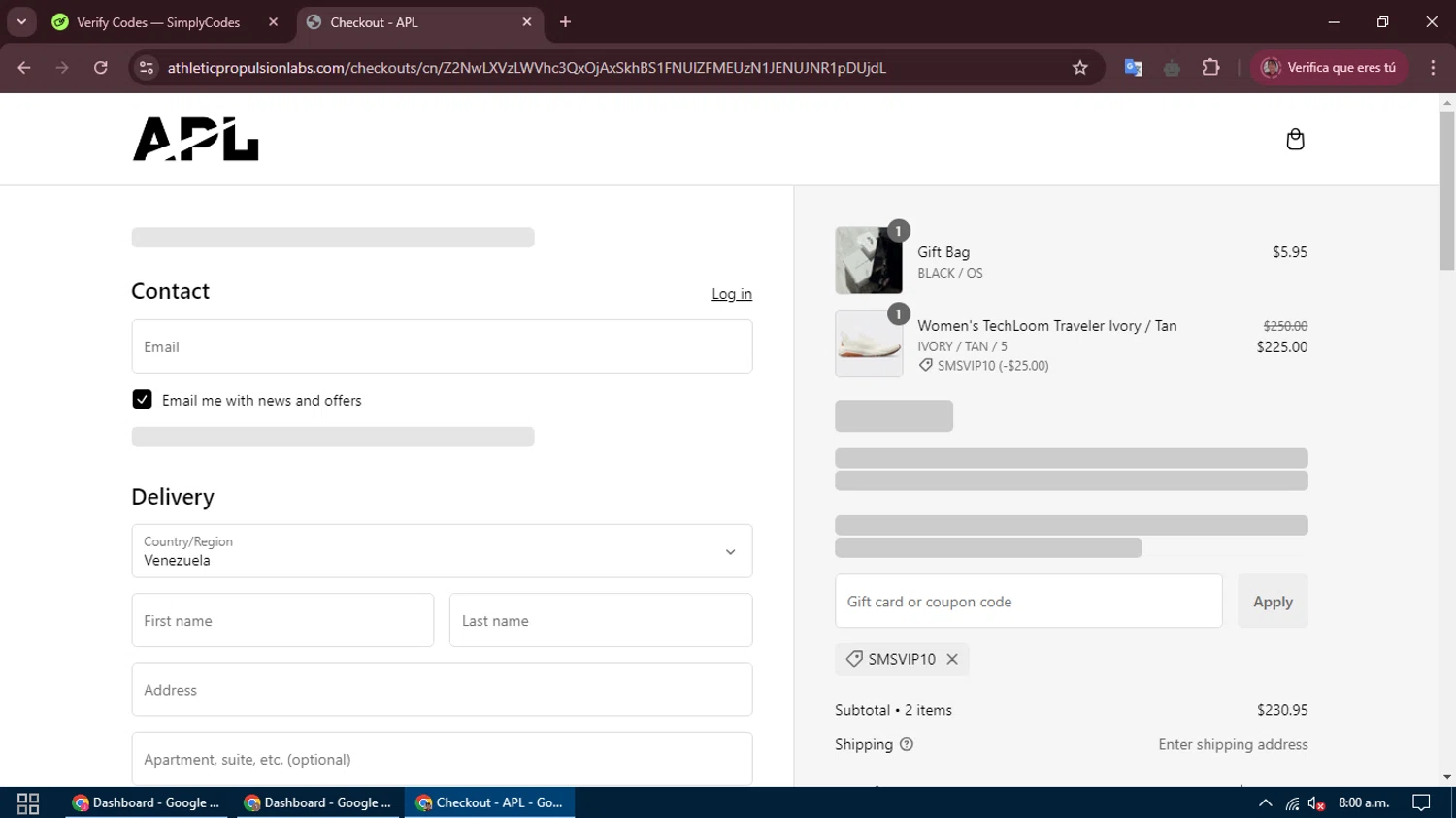 Athletic Propulsion Labs promo code screenshot showing code SMSVIP10 applied at Athletic Propulsion Labs checkout page. Uploaded by SimplyCodes community member DiscountFalcon2519 on Jan 11, 2025