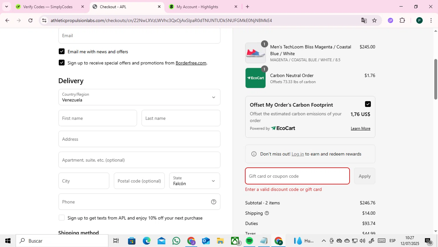 Athletic Propulsion Labs promo code screenshot showing code JULY4 applied at Athletic Propulsion Labs checkout page. Uploaded by SimplyCodes community member RoyalAdmiral4824 on Jul 12, 2025