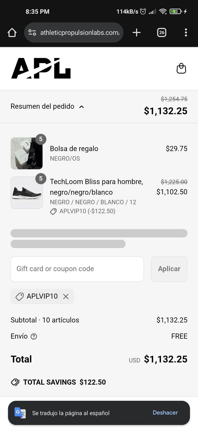 Athletic Propulsion Labs promo code screenshot showing code APLVIP10 applied at Athletic Propulsion Labs checkout page. Uploaded by SimplyCodes community member CrownWizard2212 on Jun 24, 2025