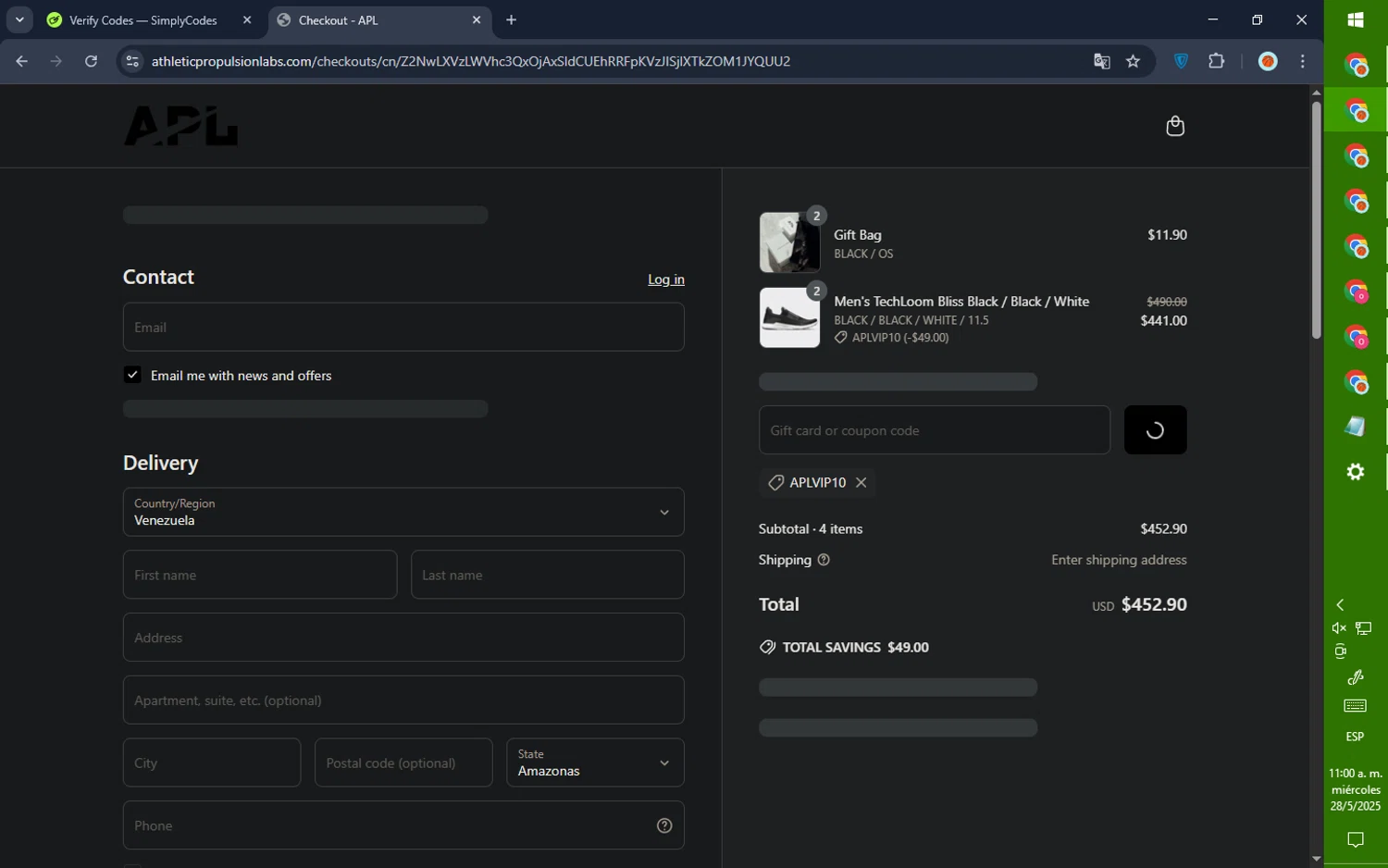 Athletic Propulsion Labs promo code screenshot showing code APLVIP10 applied at Athletic Propulsion Labs checkout page. Uploaded by SimplyCodes community member GoldPilot5958 on May 28, 2025