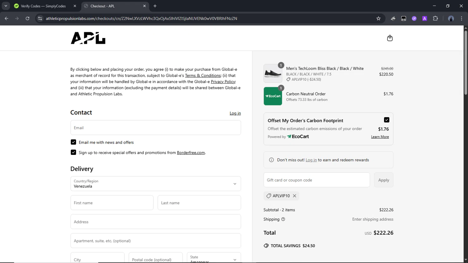 Athletic Propulsion Labs promo code screenshot showing code APLVIP10 applied at Athletic Propulsion Labs checkout page. Uploaded by SimplyCodes community member Time_sin_filtro on Jun 12, 2025