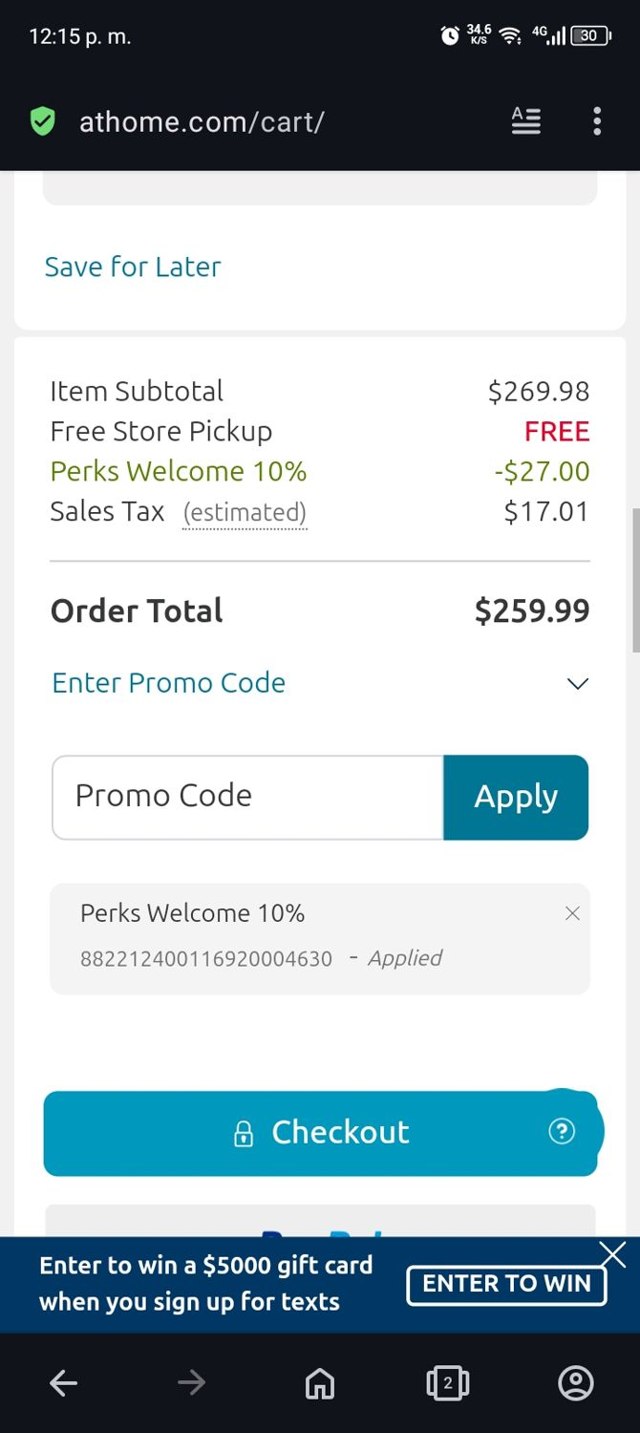 At Home checkout page showing At Home promo code box | Screenshot taken by SimplyCodes community member on Aug 21, 2024