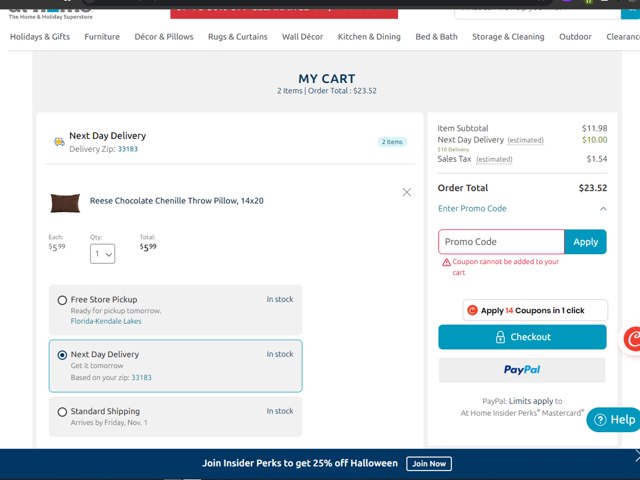 At Home checkout page showing At Home promo code box | Screenshot taken by SimplyCodes community member on Oct 29, 2024