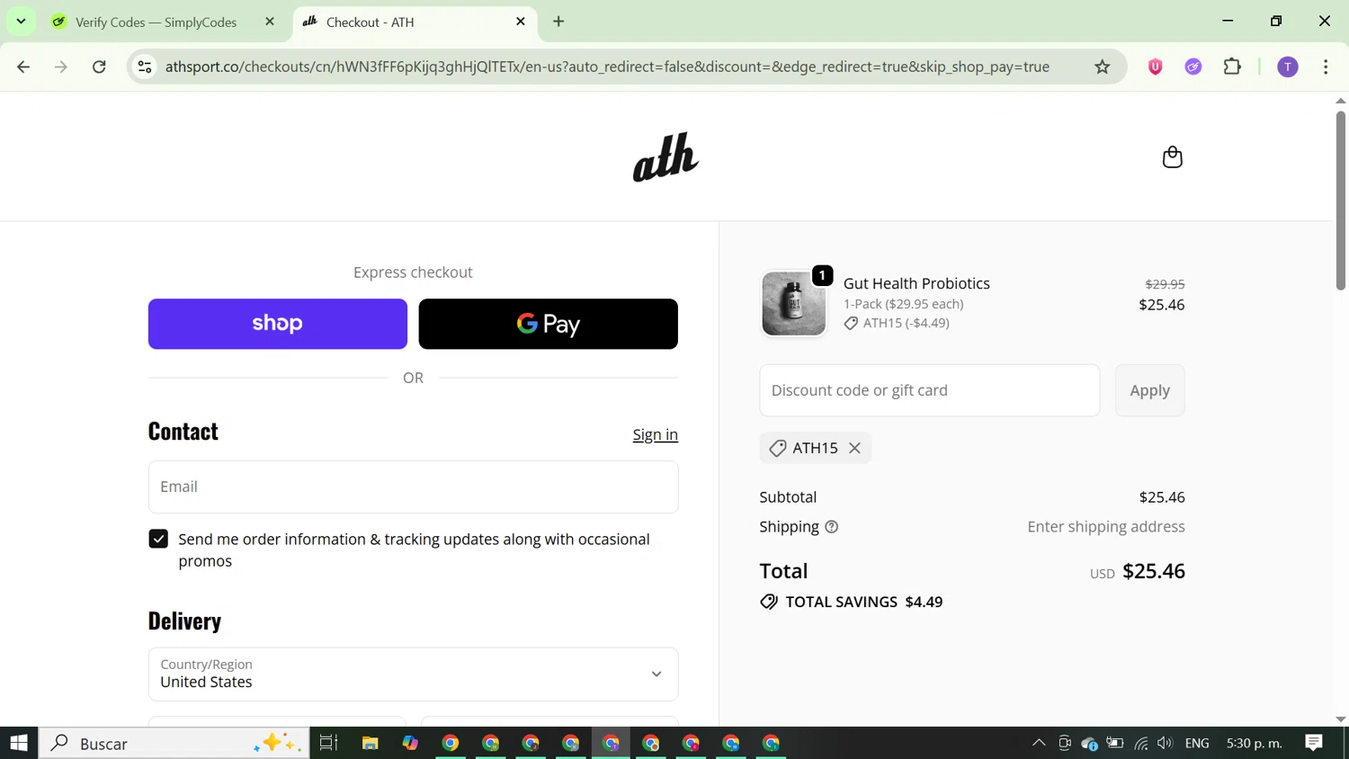 ATH discount code screenshot showing code ATH15 applied at ATH checkout page. Uploaded by SimplyCodes community member FortunateCurator5882 on Oct 2, 2025