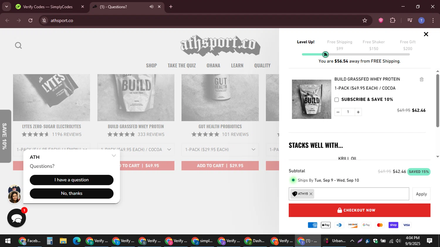 ATH discount code screenshot showing code ATH15 applied at ATH checkout page. Uploaded by SimplyCodes community member snidertom8 on Sep 9, 2025