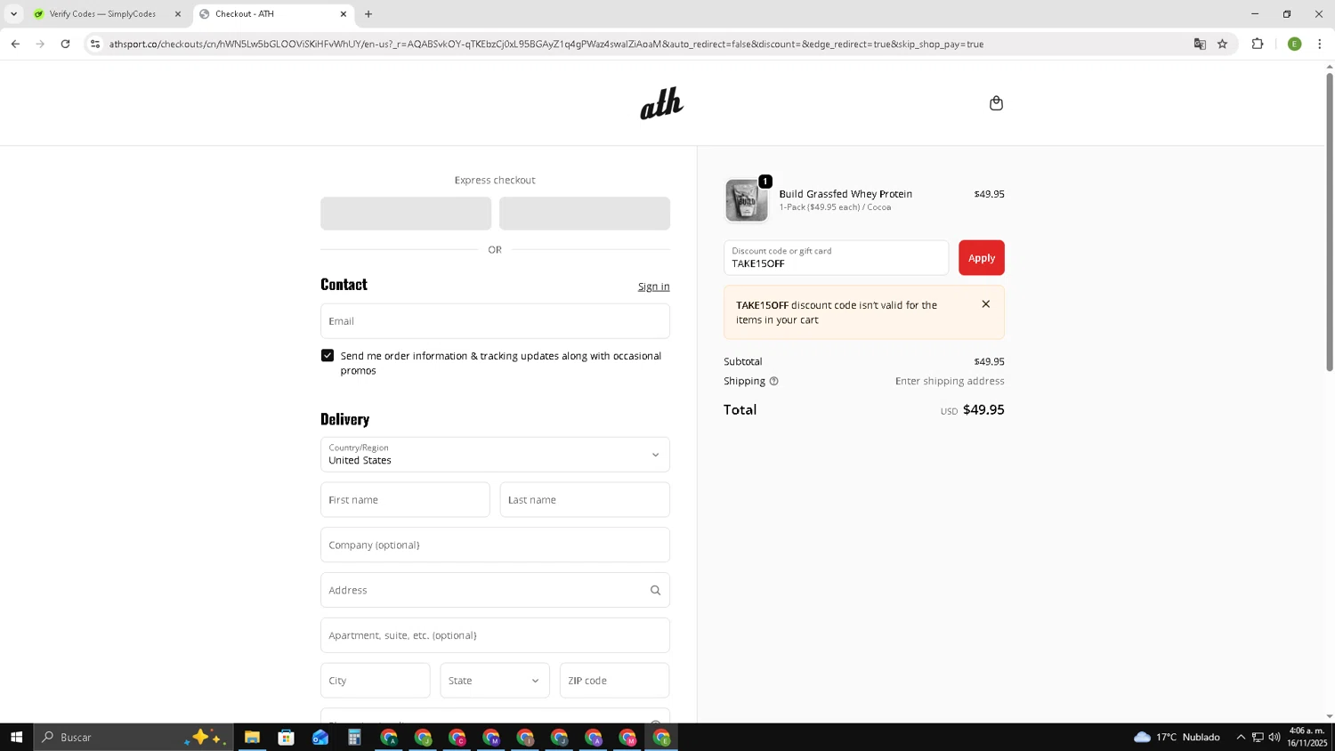 ATH discount code screenshot showing code TAKE15OFF applied at ATH checkout page. Uploaded by SimplyCodes community member SUZUKIV on Nov 16, 2025