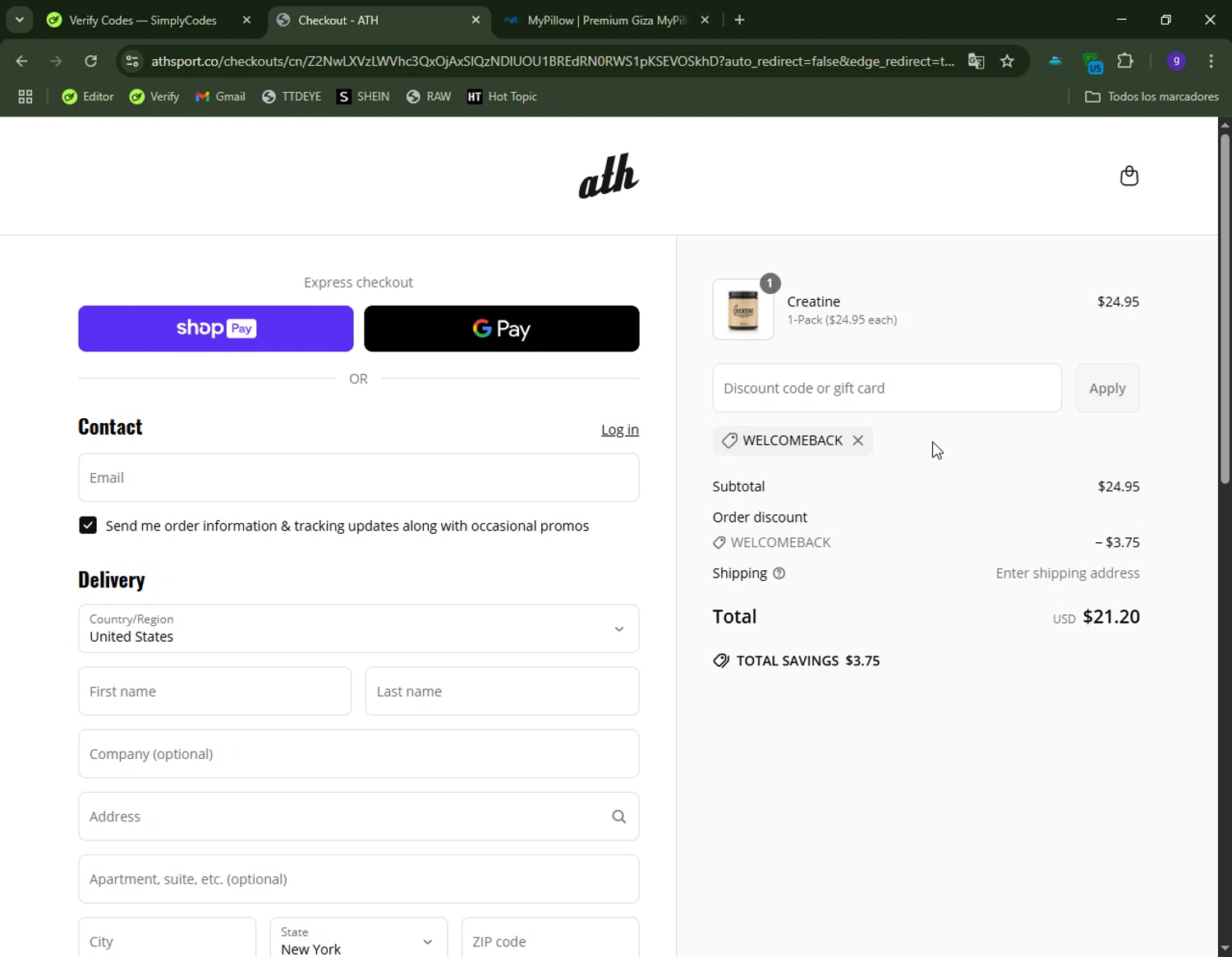 ATH discount code screenshot showing code WELCOMEBACK applied at ATH checkout page. Uploaded by SimplyCodes community member CapitanCentella on Apr 30, 2025