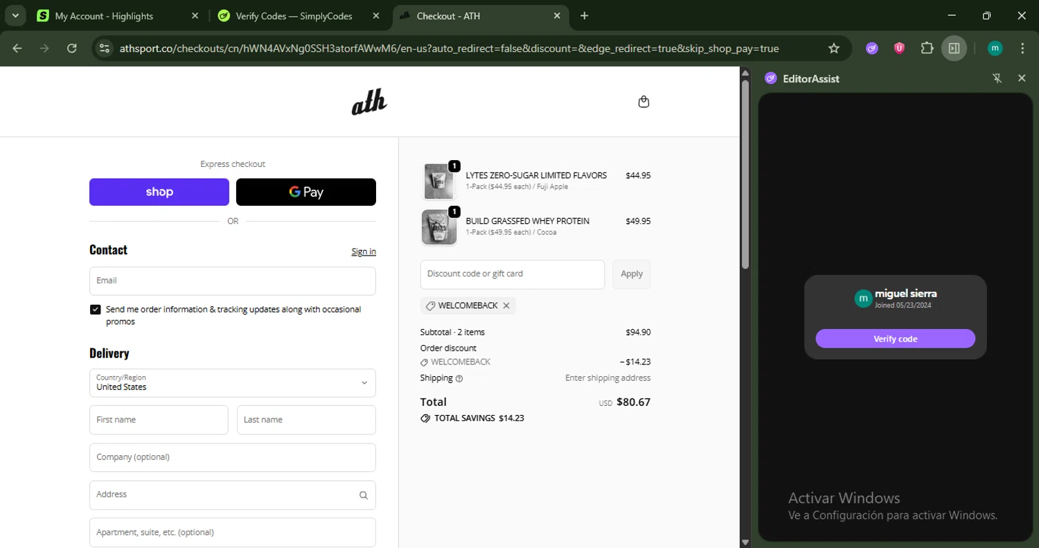 ATH discount code screenshot showing code WELCOMEBACK applied at ATH checkout page. Uploaded by SimplyCodes community member CrownSpotter4262 on Oct 16, 2025