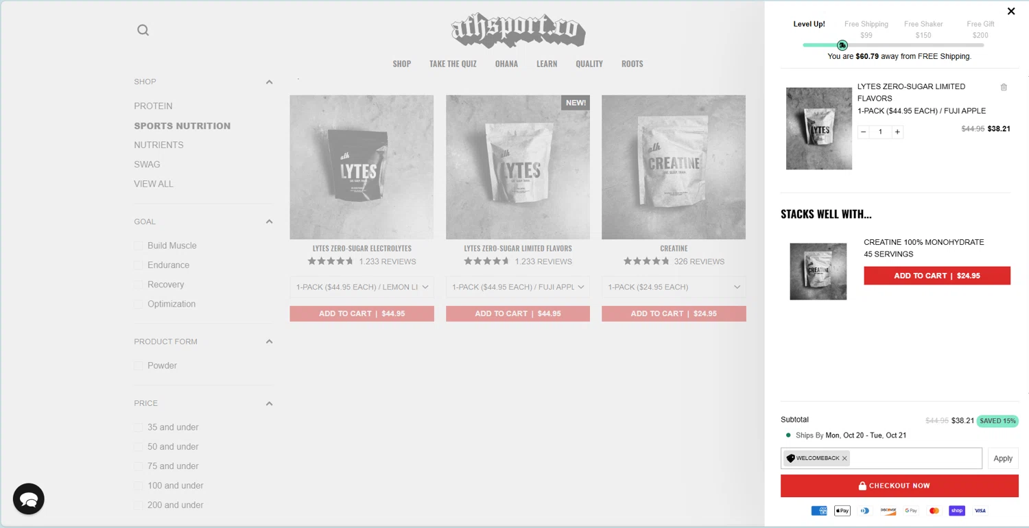 ATH discount code screenshot showing code WELCOMEBACK applied at ATH checkout page. Uploaded by SimplyCodes community member JAKEELDOG on Oct 20, 2025