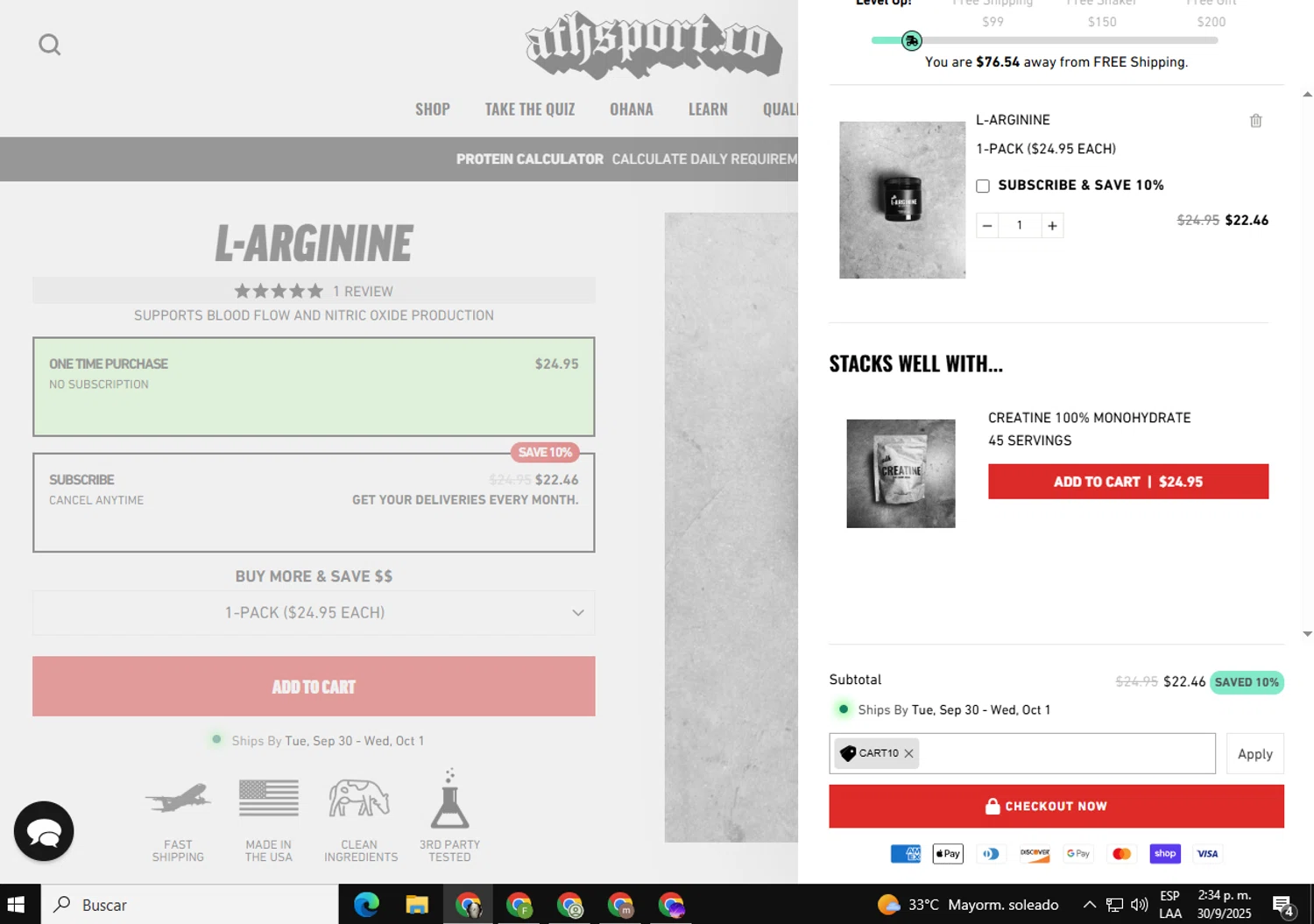 ATH discount code screenshot showing code CART10 applied at ATH checkout page. Uploaded by SimplyCodes community member Acidwire on Sep 30, 2025
