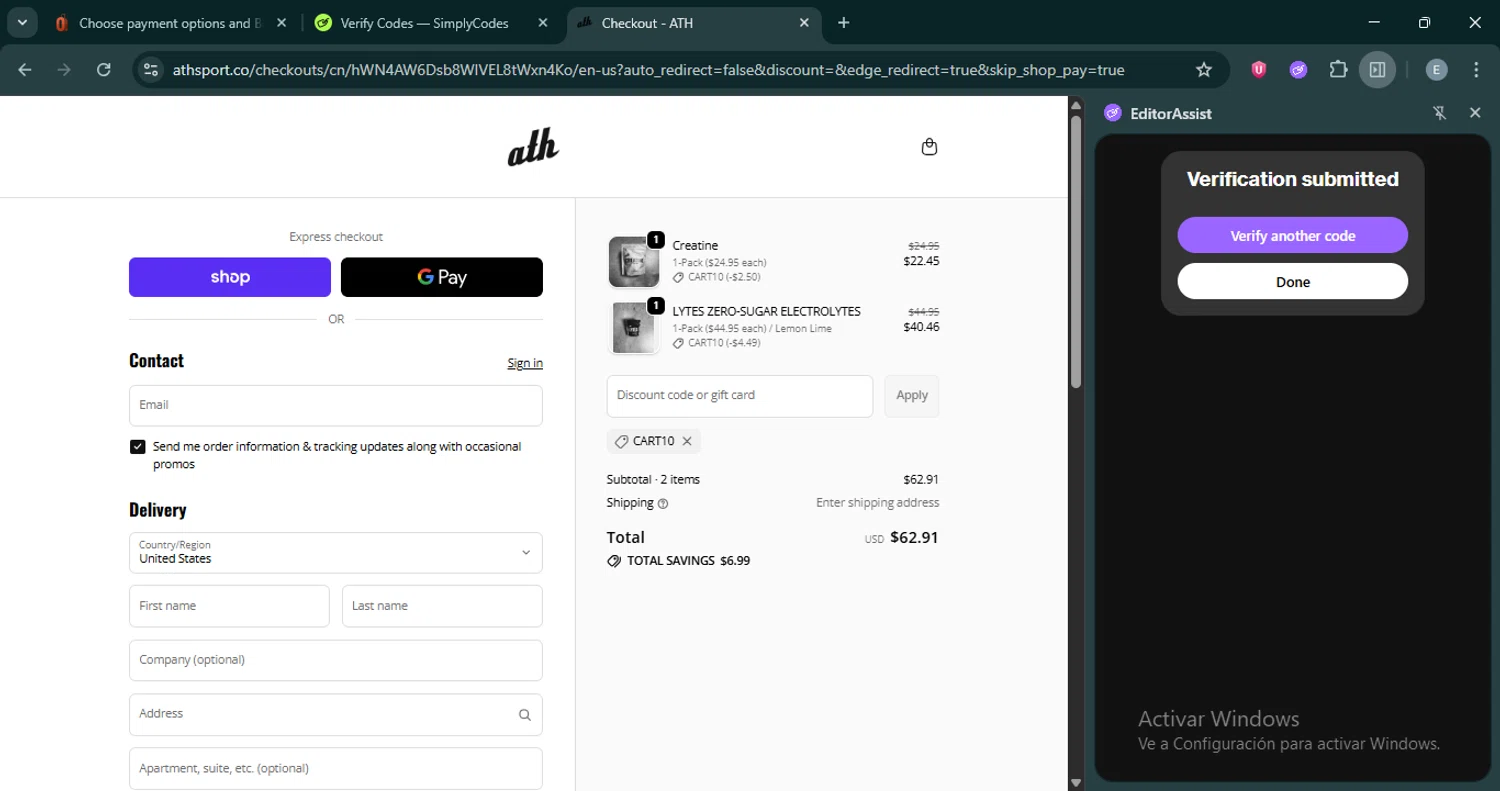 ATH discount code screenshot showing code CART10 applied at ATH checkout page. Uploaded by SimplyCodes community member ExtraordinaryMonarch4598 on Oct 16, 2025