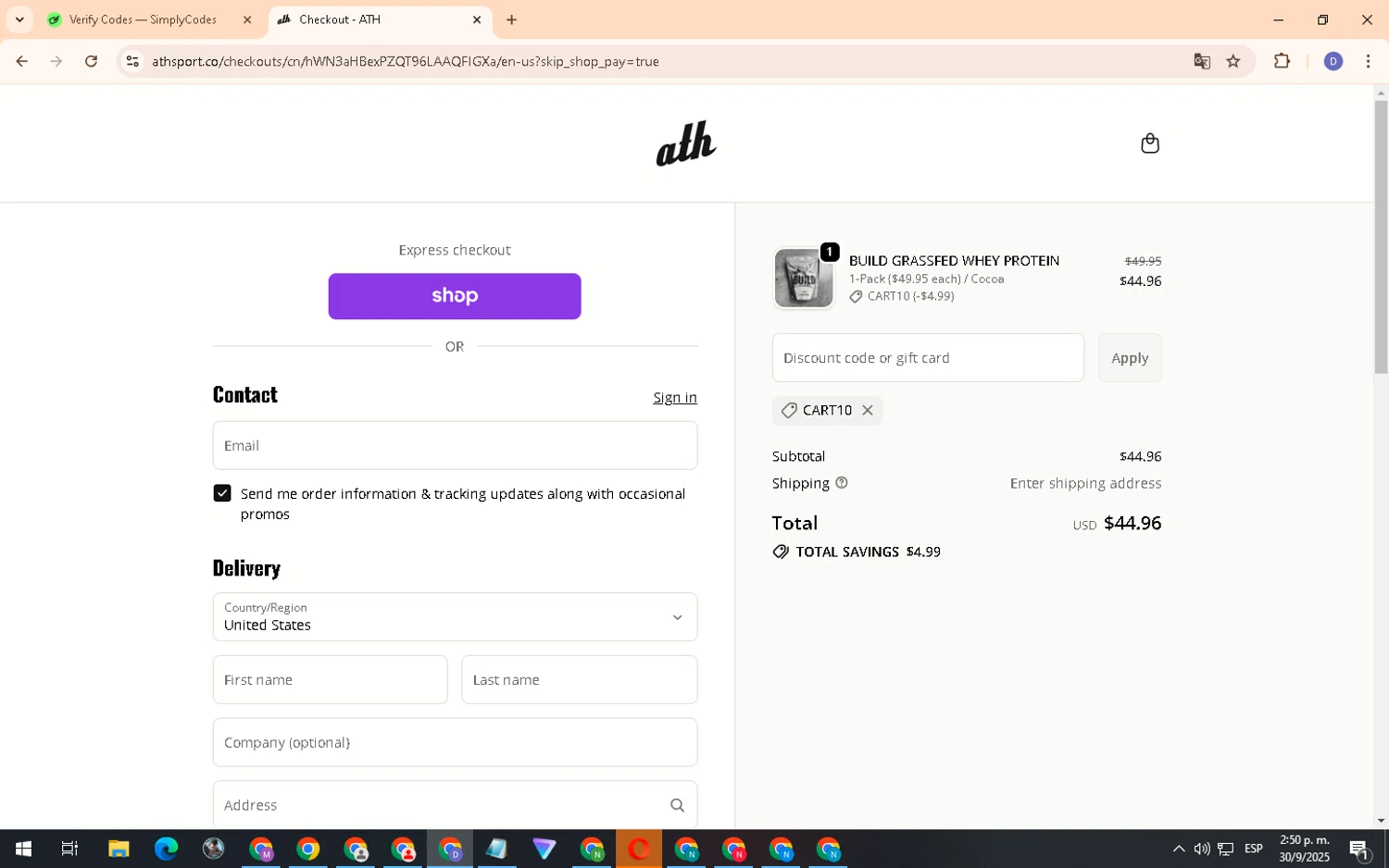 ATH discount code screenshot showing code CART10 applied at ATH checkout page. Uploaded by SimplyCodes community member PennyCurator6489 on Sep 30, 2025