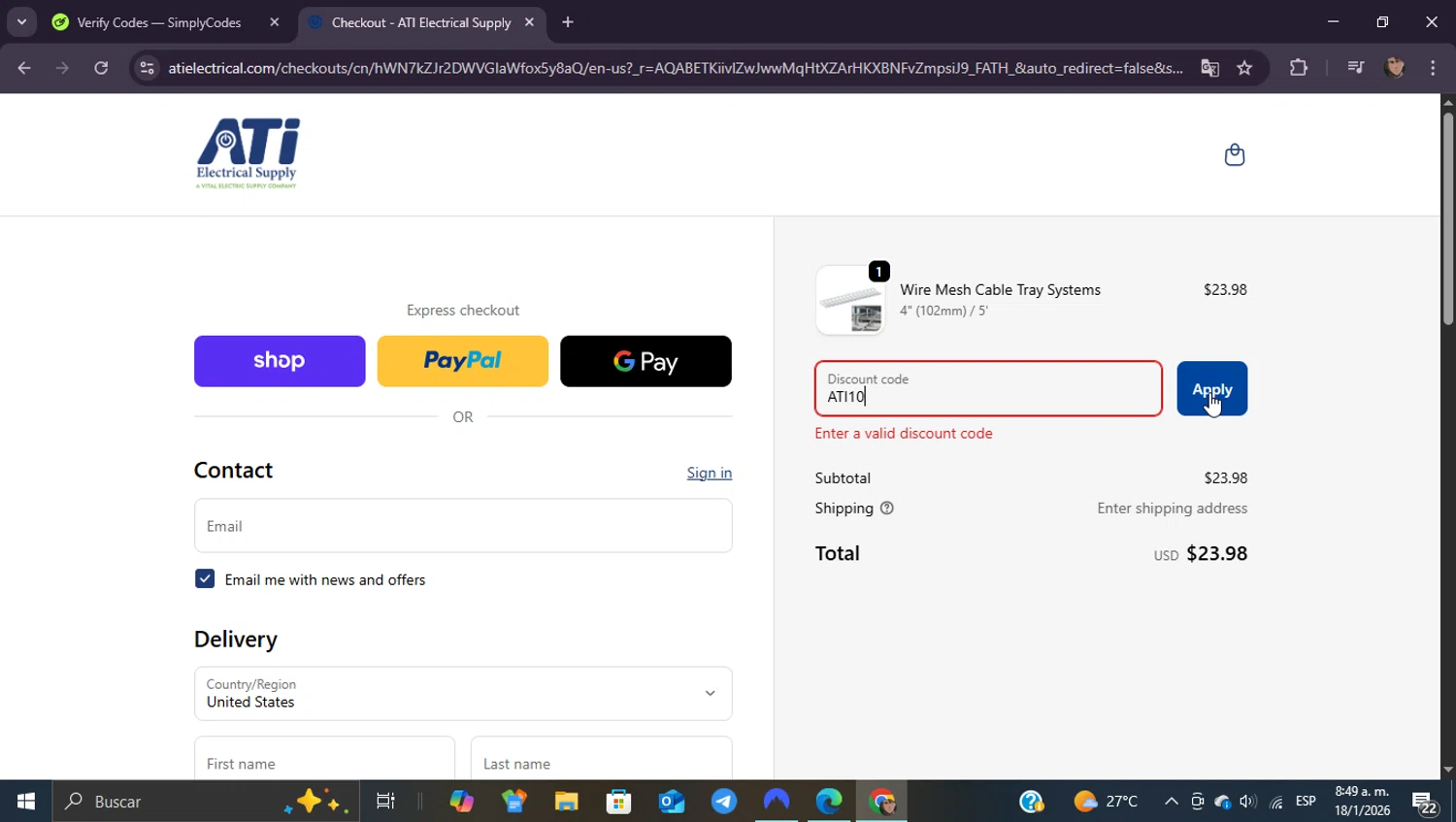ATI Electrical Supply promo code screenshot showing code ATI10 applied at ATI Electrical Supply checkout page. Uploaded by SimplyCodes community member ShieldEagle9436 on Jan 18, 2026