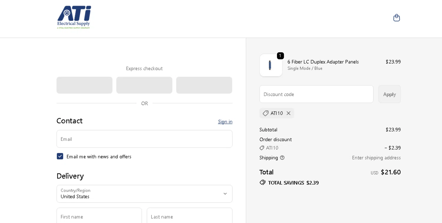 ATI Electrical Supply promo code screenshot showing code ATI10 applied at ATI Electrical Supply checkout page. Uploaded by SimplyCodes community member shark12 on Dec 20, 2025