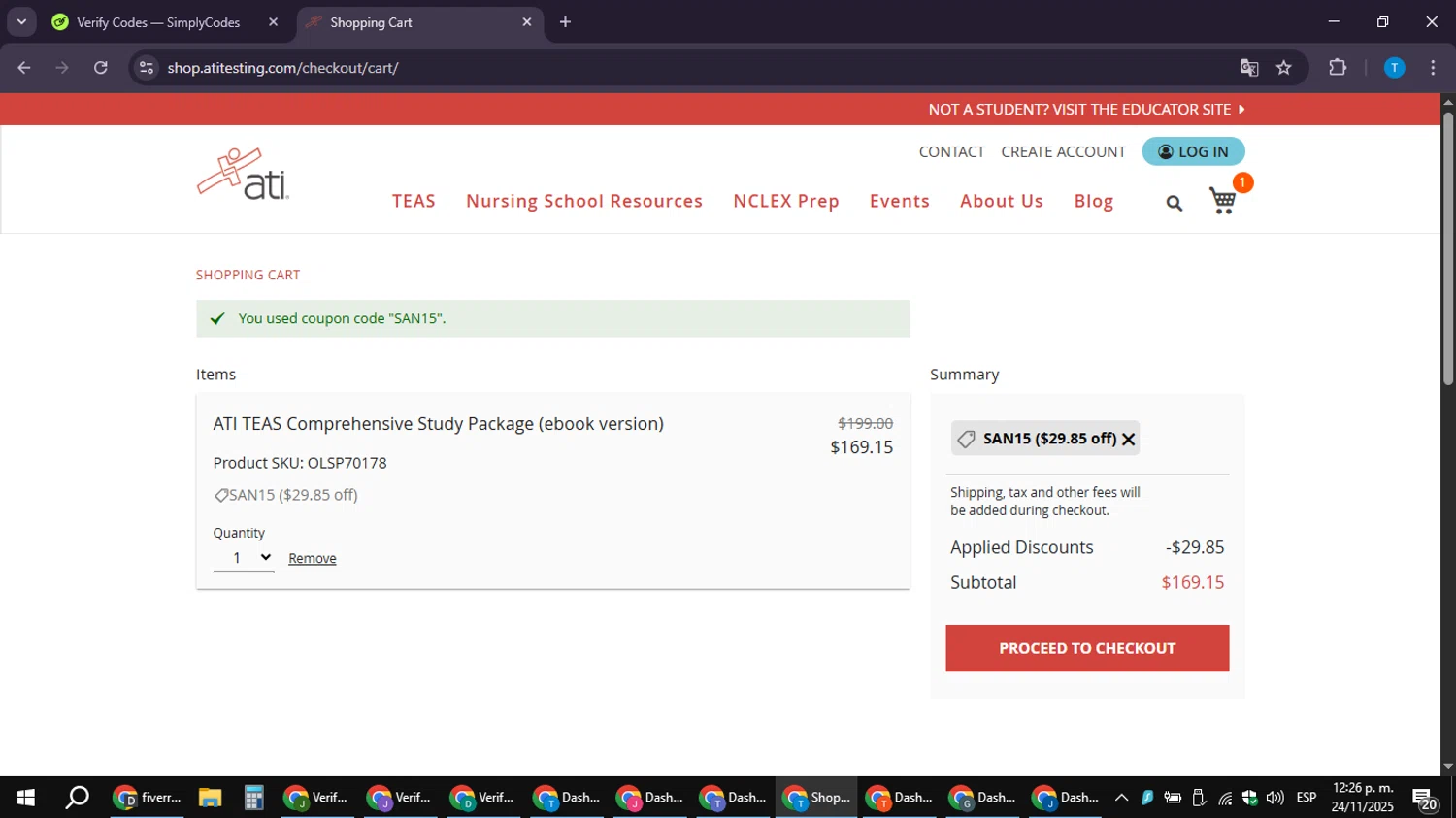 ATI Testing coupon code screenshot showing code SAN15 applied at ATI Testing checkout page. Uploaded by SimplyCodes community member LuckyPioneer4530 on Nov 24, 2025