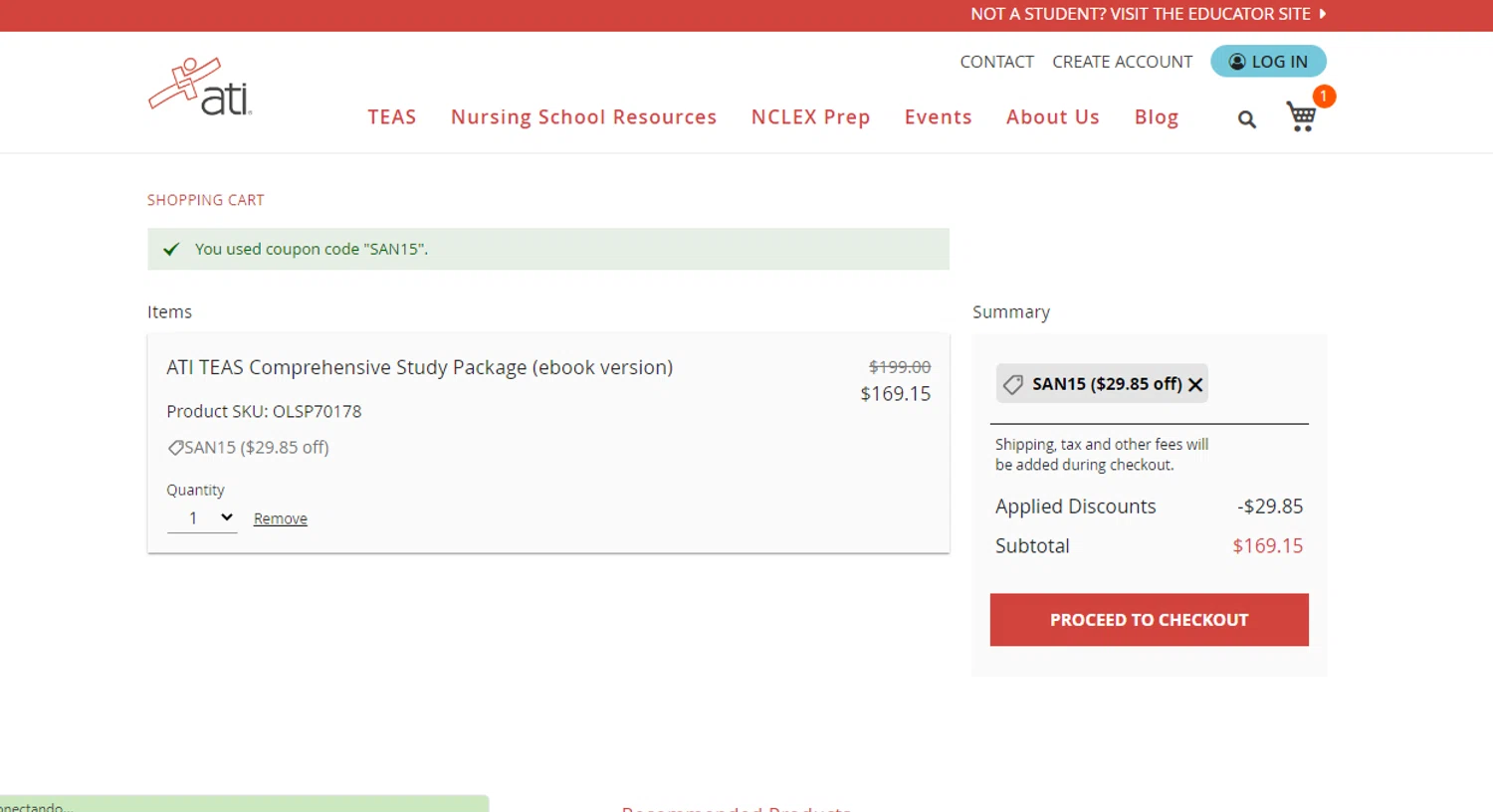 ATI Testing coupon code screenshot showing code SAN15 applied at ATI Testing checkout page. Uploaded by SimplyCodes community member Ronald13 on Dec 4, 2025