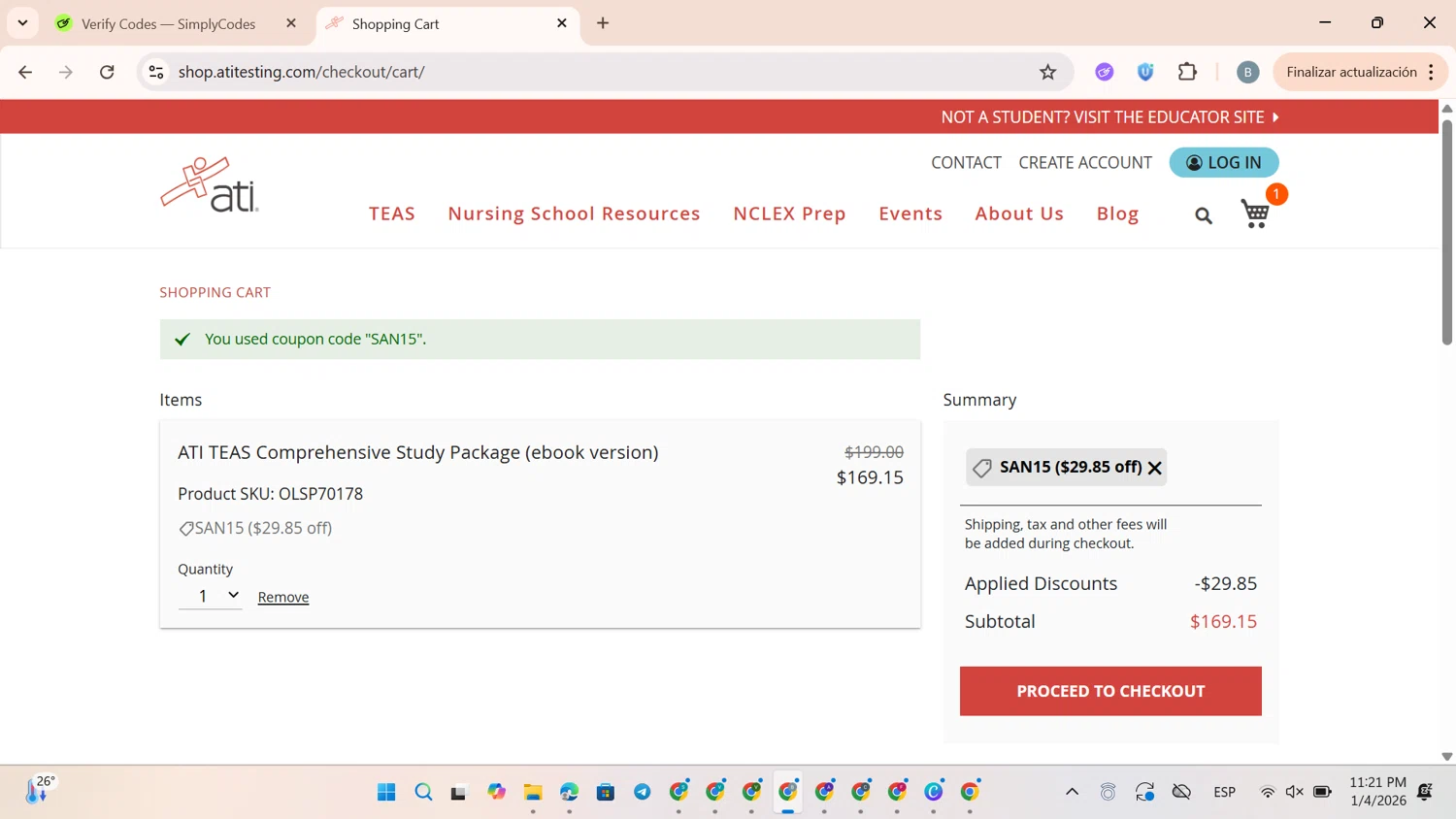 ATI Testing checkout page showing ATI Testing coupon code box | Screenshot taken by SimplyCodes community member on Jan 5, 2026