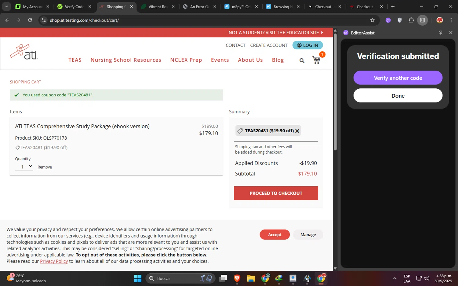 ATI Testing coupon code screenshot showing code TEAS20481 applied at ATI Testing checkout page. Uploaded by SimplyCodes community member GloriousWizard5474 on Sep 30, 2025