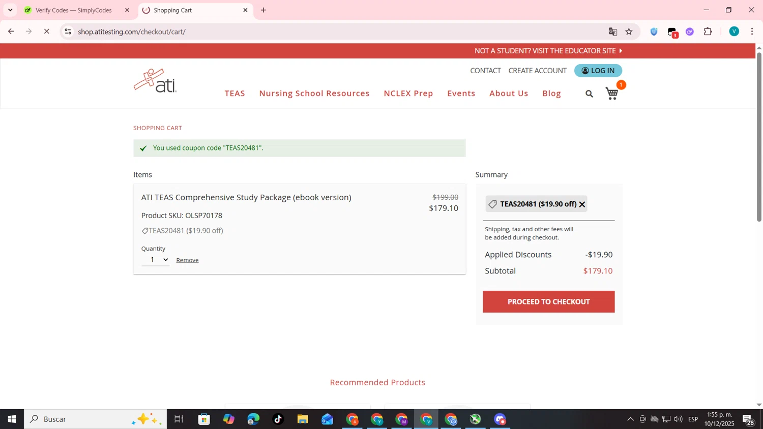 ATI Testing coupon code screenshot showing code TEAS20481 applied at ATI Testing checkout page. Uploaded by SimplyCodes community member lyffytaro on Dec 10, 2025