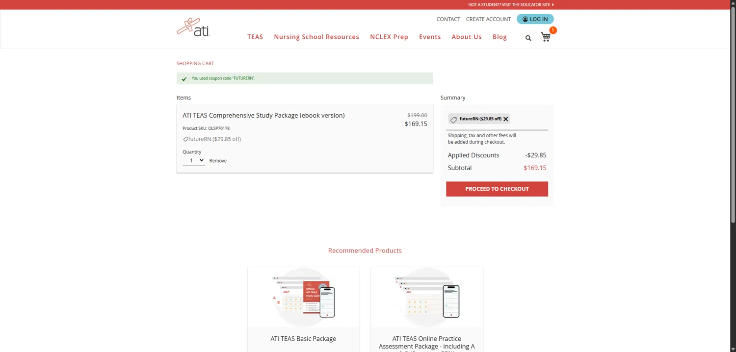 ATI Testing checkout page showing ATI Testing coupon code box | Screenshot taken by SimplyCodes community member on Jan 18, 2026