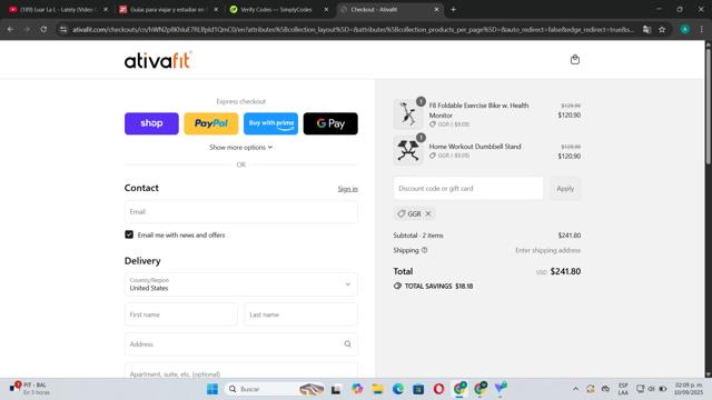 Ativafit checkout page showing Ativafit promo code box | Screenshot taken by SimplyCodes community member on Sep 10, 2025