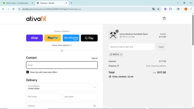 Ativafit checkout page showing Ativafit promo code box | Screenshot taken by SimplyCodes community member on Sep 10, 2025