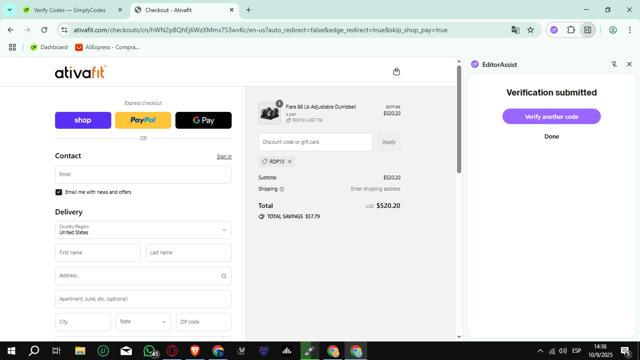 Ativafit checkout page showing Ativafit promo code box | Screenshot taken by SimplyCodes community member on Sep 10, 2025