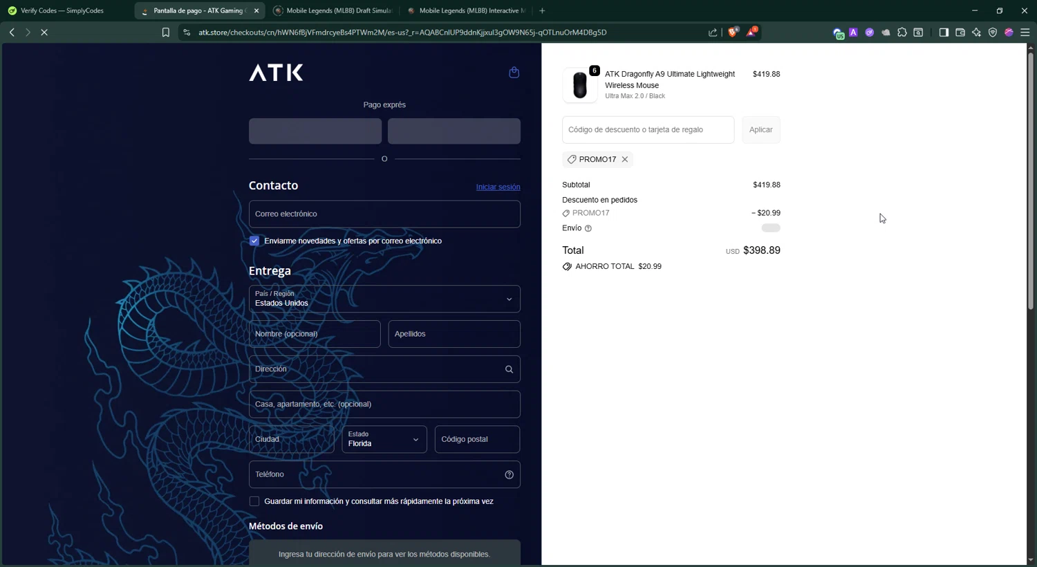 ATK Gaming Gear promo code screenshot showing code PROMO17 applied at ATK Gaming Gear checkout page. Uploaded by SimplyCodes community member BonusShopper4099 on Jan 11, 2026