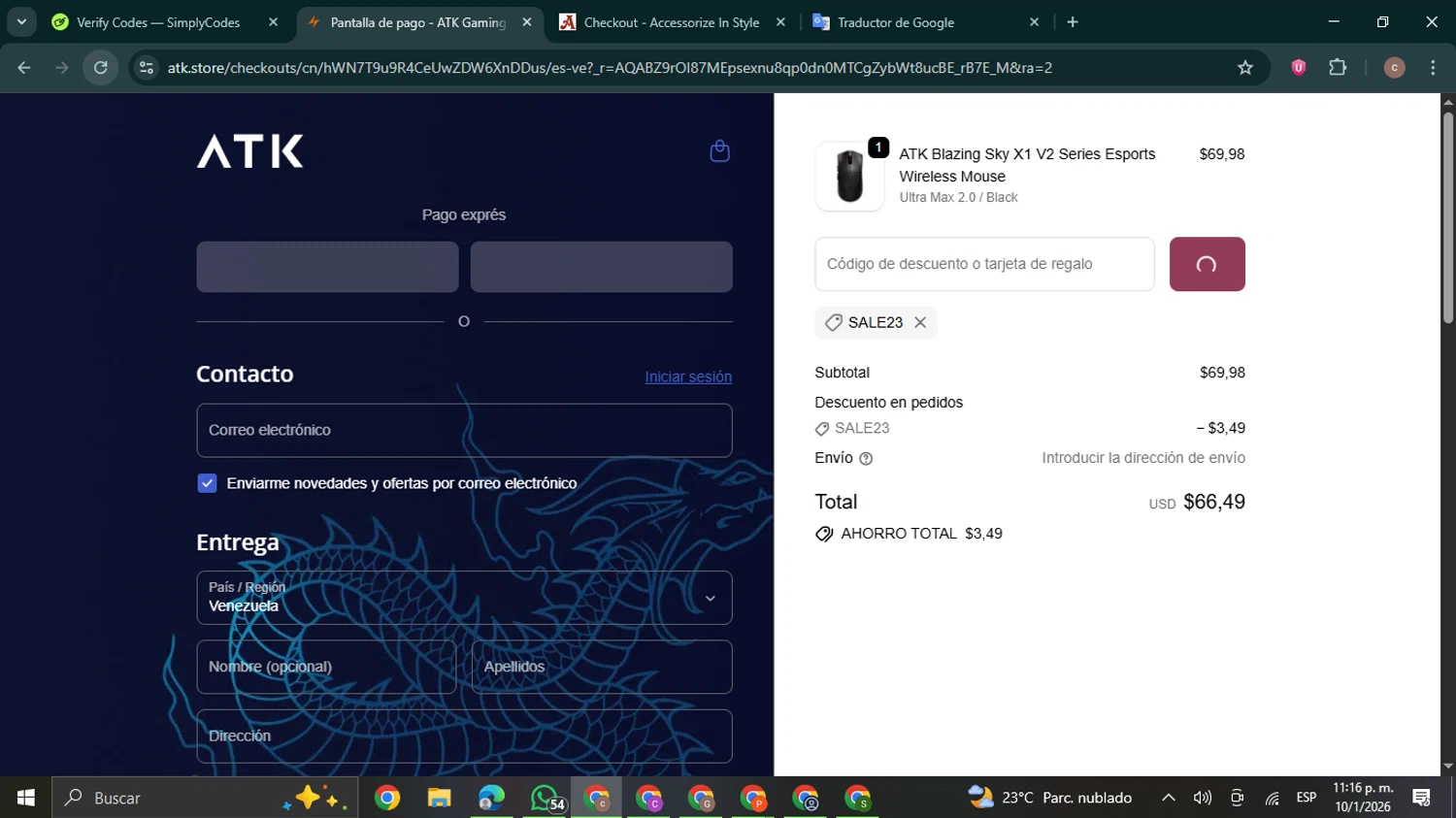 ATK Gaming Gear promo code screenshot showing code SALE23 applied at ATK Gaming Gear checkout page. Uploaded by SimplyCodes community member NobleExpert6497 on Jan 11, 2026
