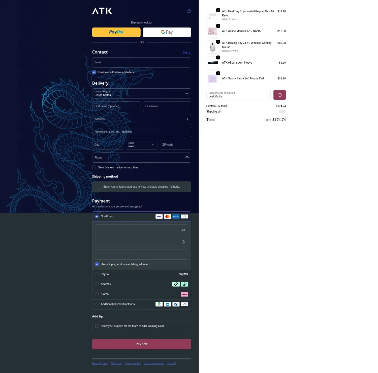 ATK Gaming Gear discount code screenshot showing code bestgiftplus applied at ATK Gaming Gear checkout page. Uploaded by SimplyCodes community member LOgoter on Jan 28, 2026